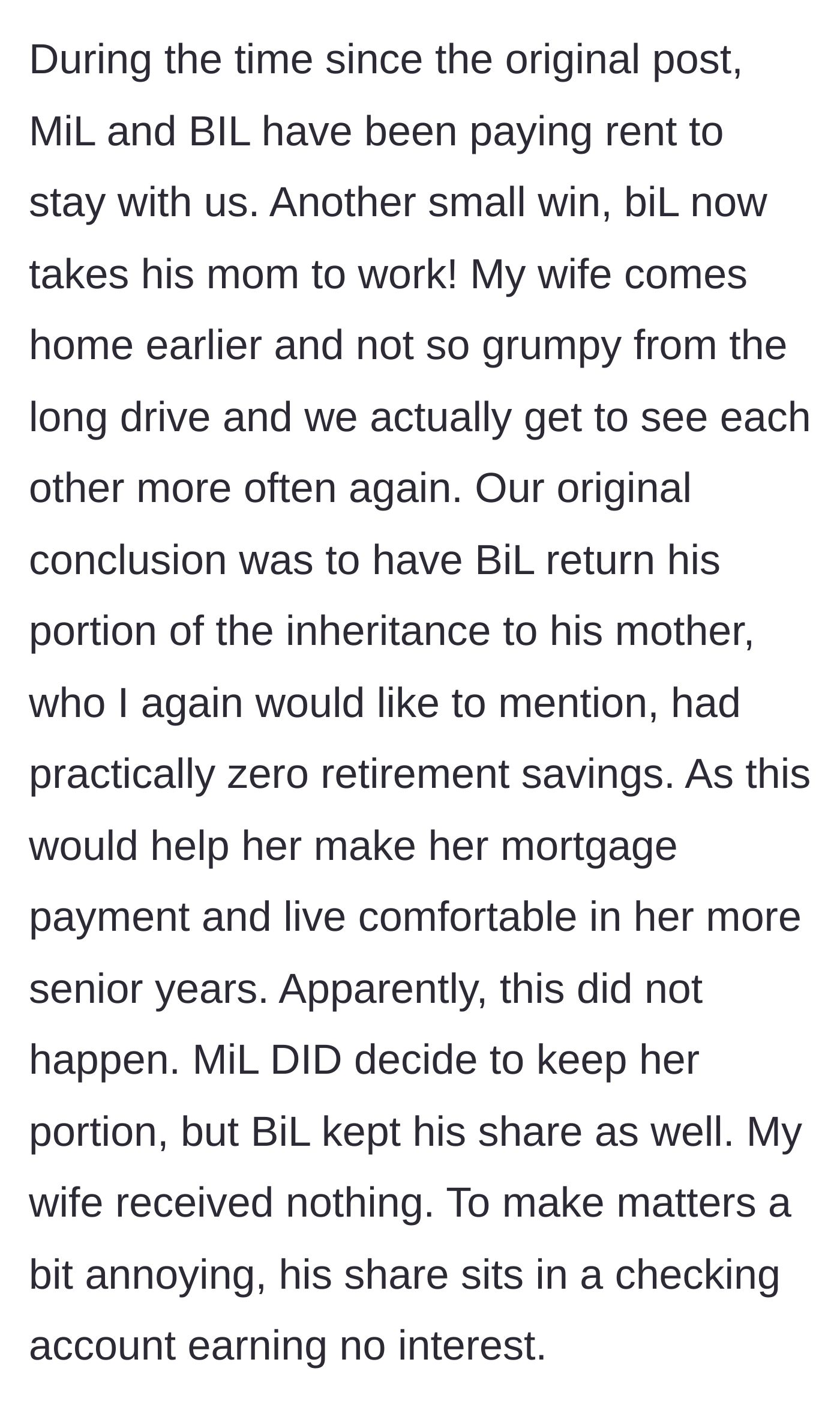 Story part 2 - Rent payments begin, but the brother-in-law hoards his massive inheritance in a basic checking account.
