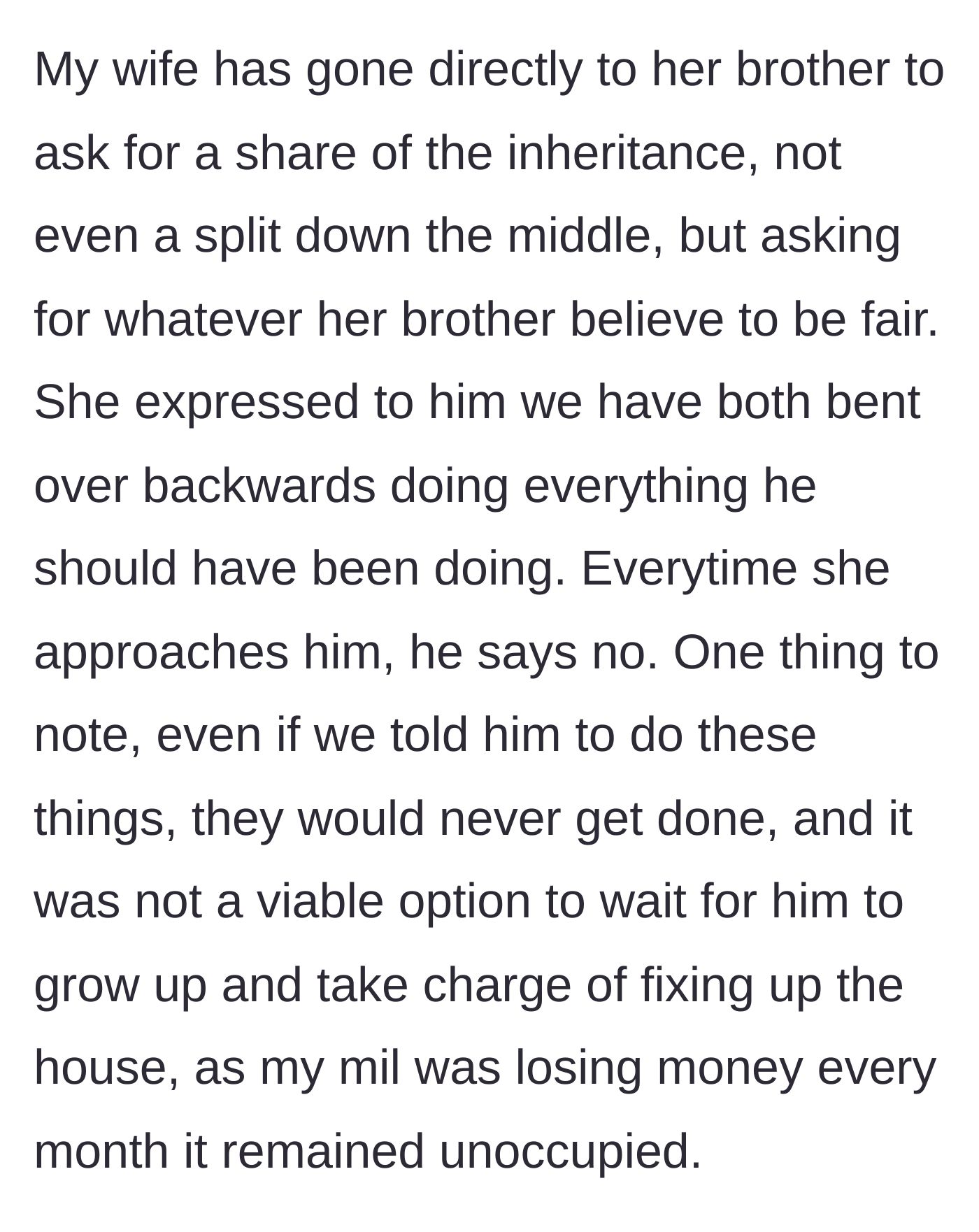 Story part 4 - Wife asks her brother for a fair split of the inheritance and gets flatly rejected.