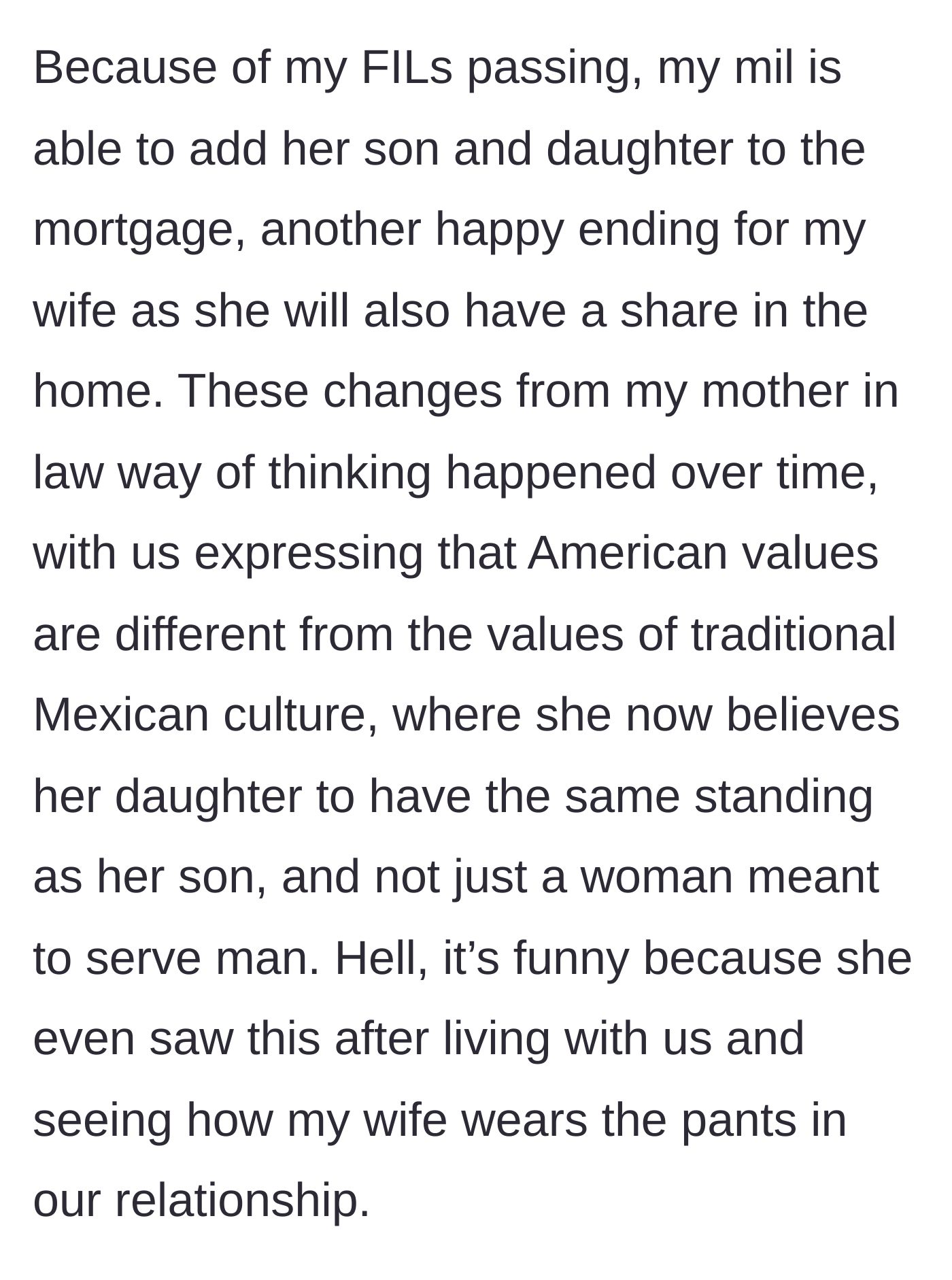 Story part 6 - Mother-in-law adds her daughter to the mortgage, breaking traditional cultural norms.