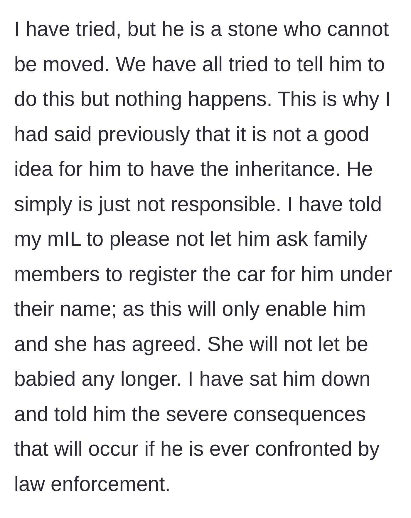 Story part 8 - Son-in-law warning the mother not to enable the brother's illegal driving habits.