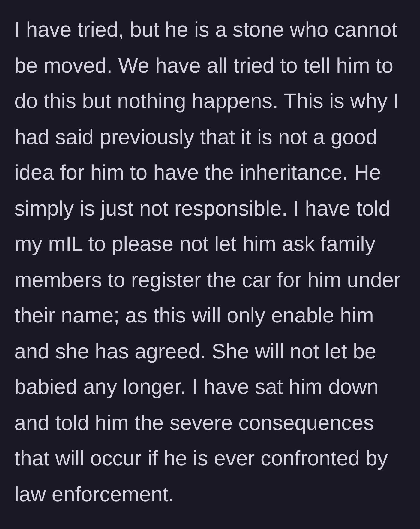 Story part 8 - Son-in-law warning the mother not to enable the brother's illegal driving habits.