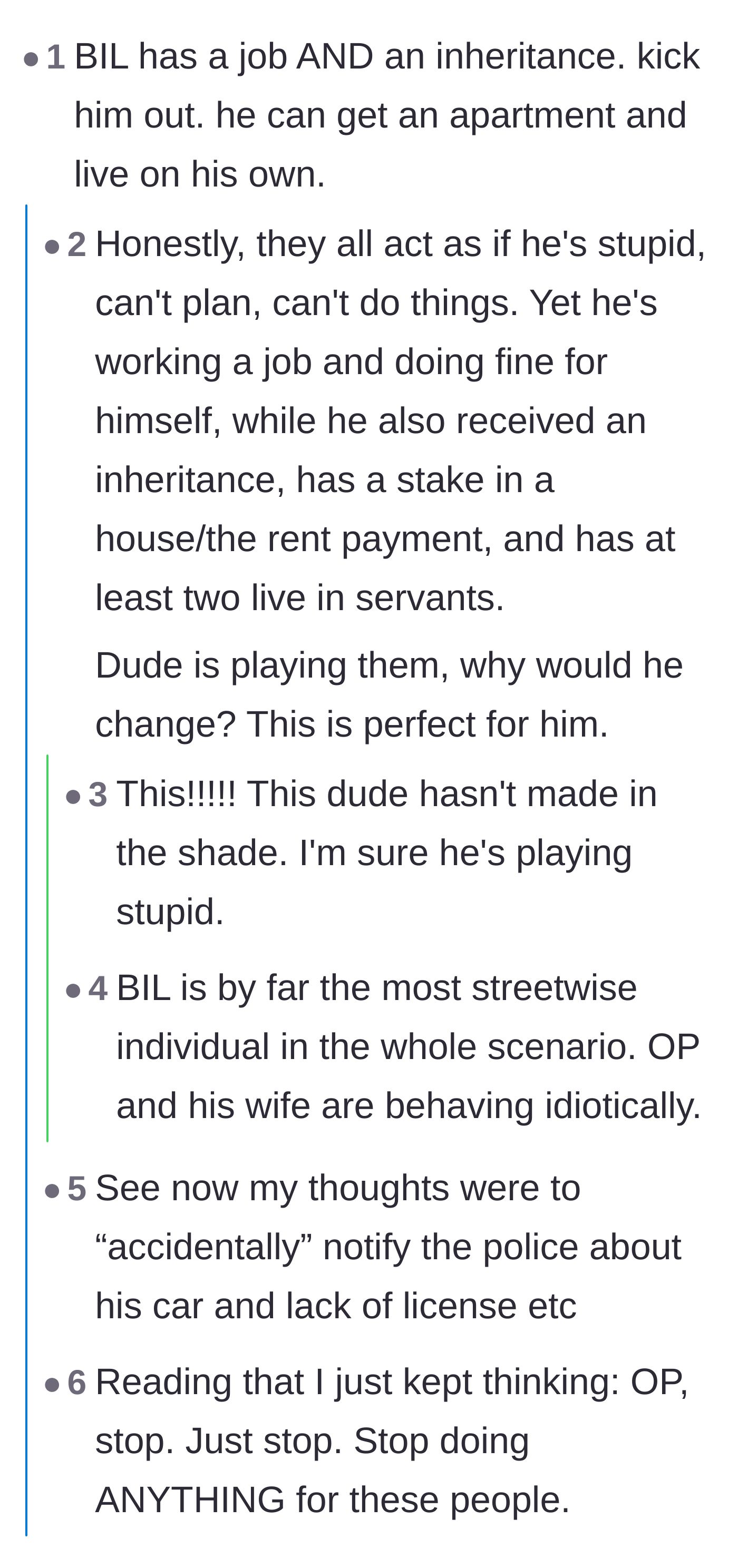 Comment thread 1 - Readers point out the brother-in-law is feigning incompetence to keep his free ride and suggest reporting his illegal driving.