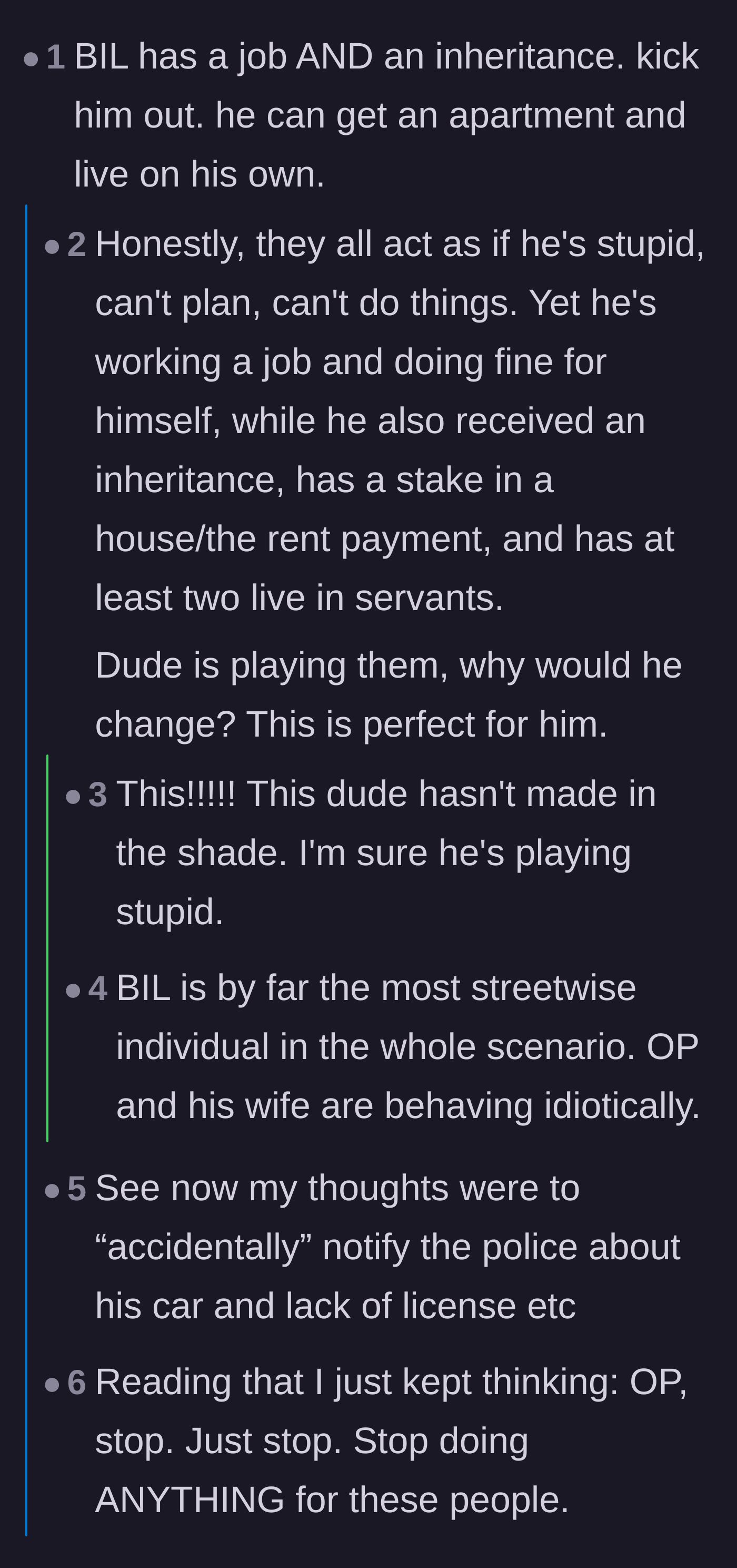 Comment thread 1 - Readers point out the brother-in-law is feigning incompetence to keep his free ride and suggest reporting his illegal driving.