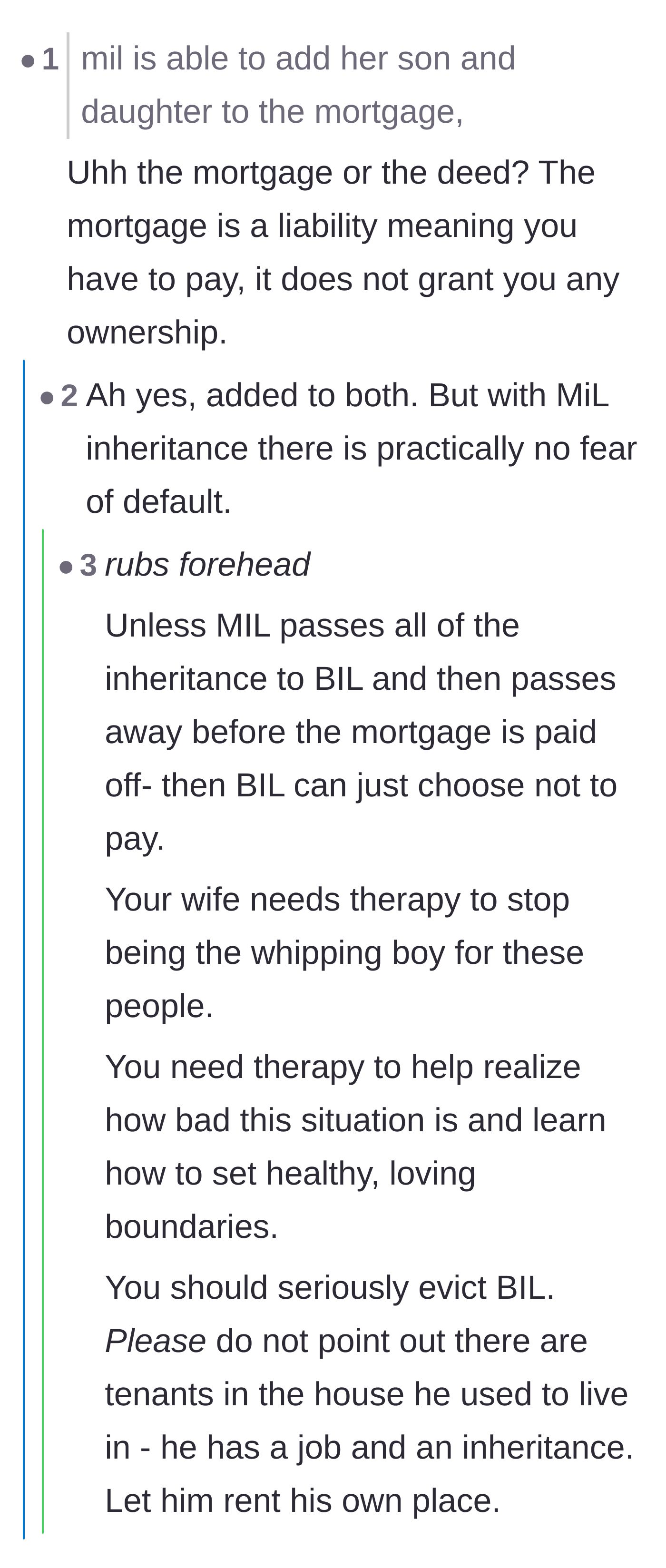 Comment thread 6 - A deep dive into the legal differences between a mortgage and a deed, and the risks of co-signing.