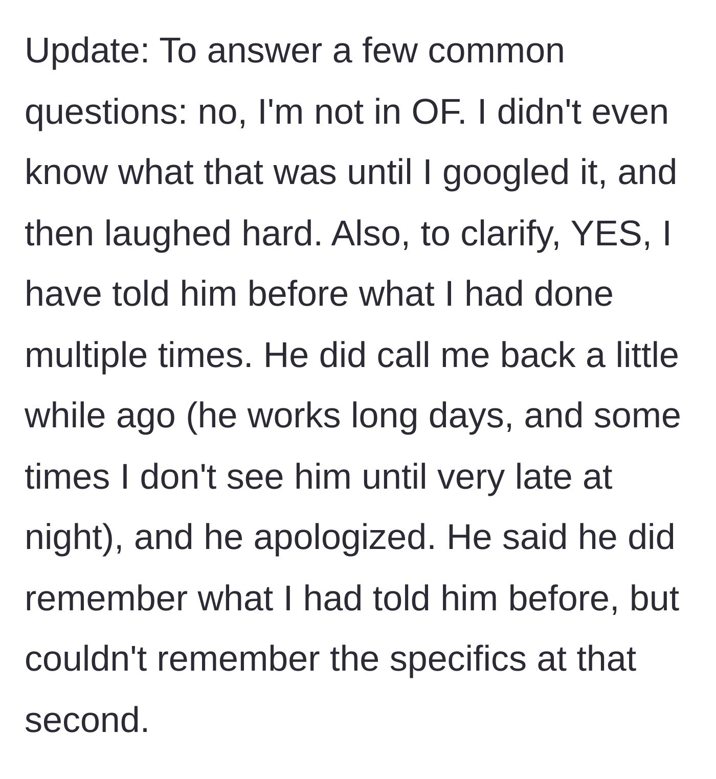 Story part 7 - Update clarifying she is not an adult content creator, followed by the husband calling back to apologize.