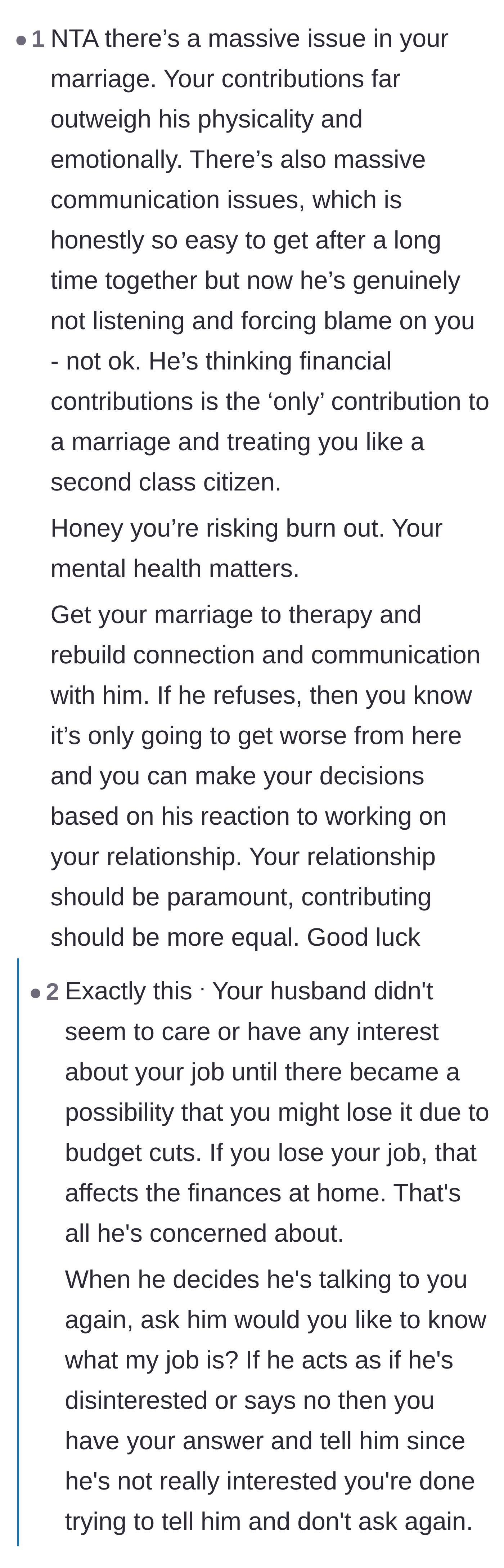 Comment thread 2 - Commenters pointing out that the husband only showed interest in his wife's job when the extra income was potentially threatened by budget cuts.