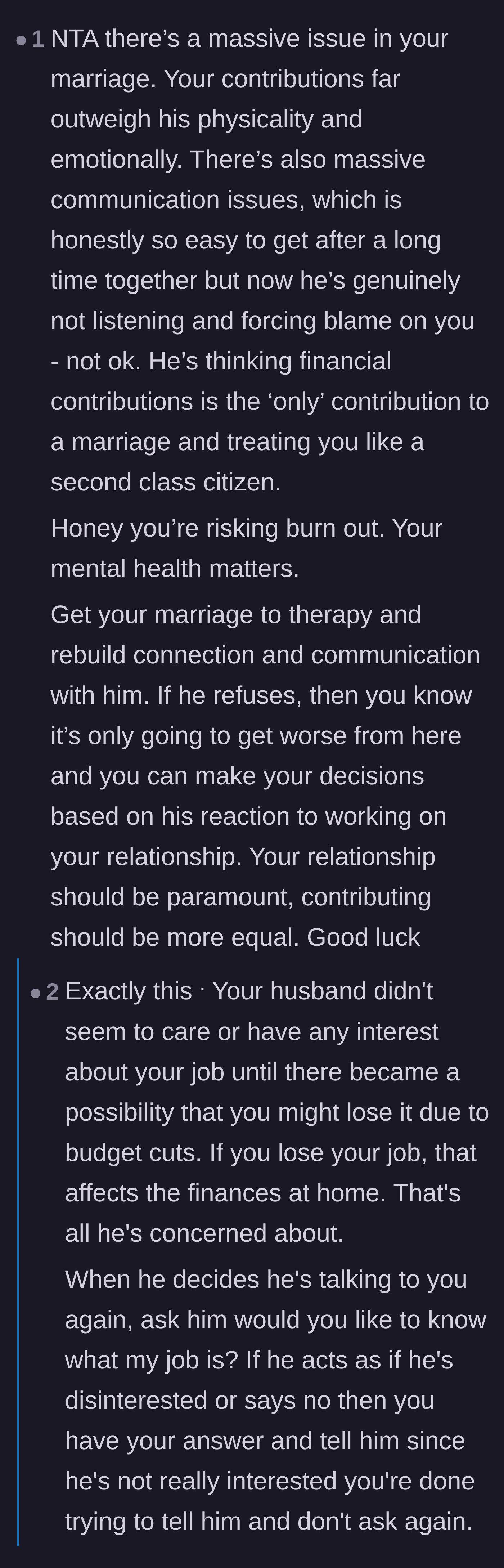 Comment thread 2 - Commenters pointing out that the husband only showed interest in his wife's job when the extra income was potentially threatened by budget cuts.