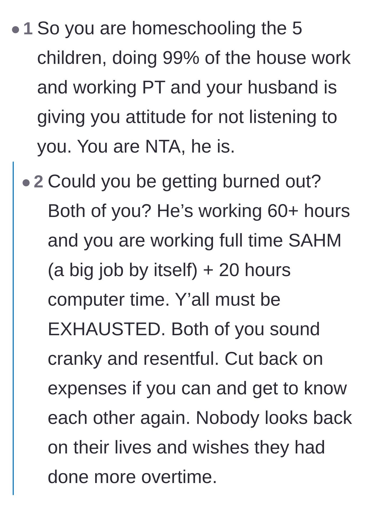 Comment thread 6 - A more empathetic take suggesting that both partners are suffering from extreme burnout and need to lower their financial goals to save their marriage.