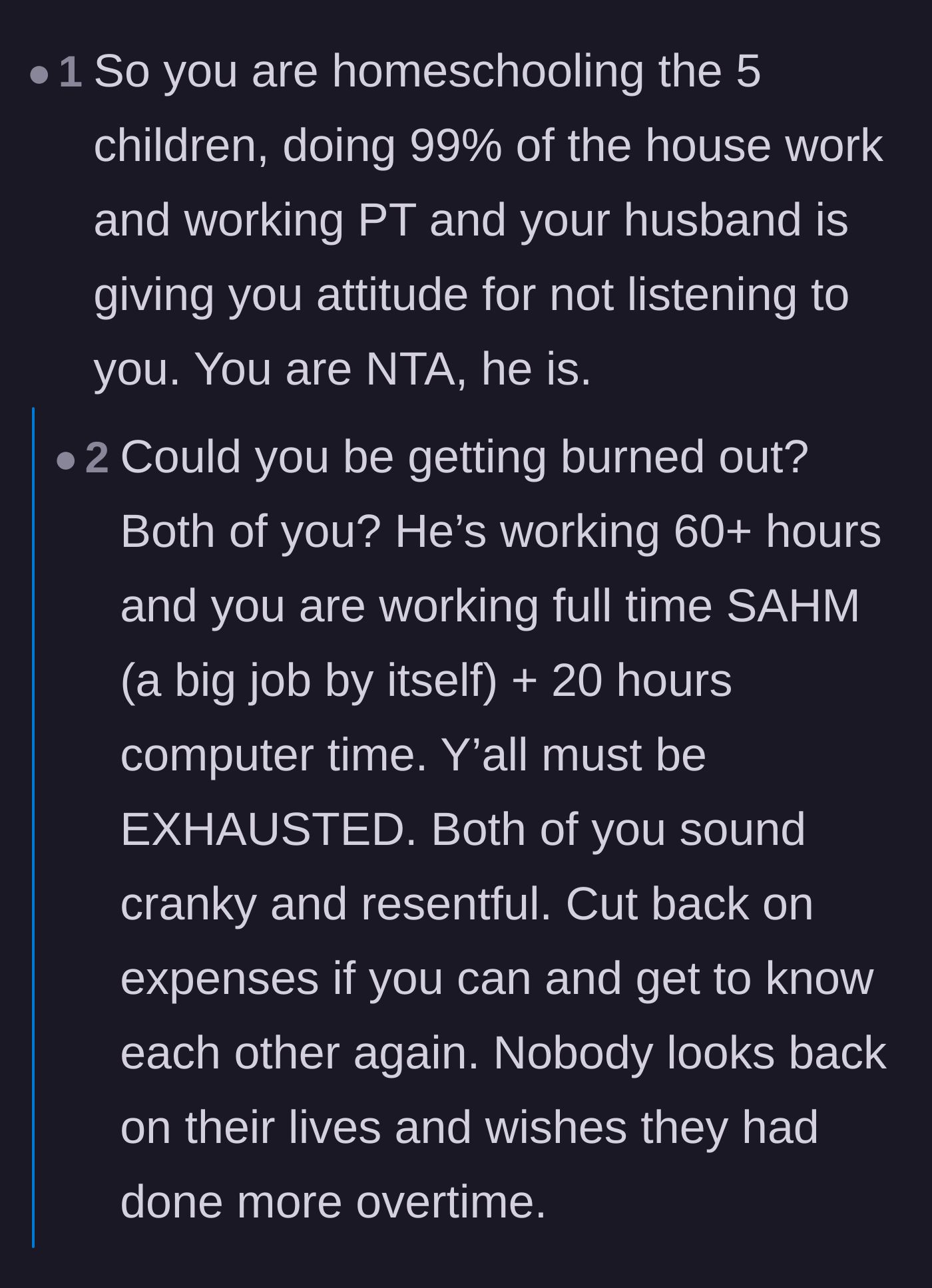Comment thread 6 - A more empathetic take suggesting that both partners are suffering from extreme burnout and need to lower their financial goals to save their marriage.