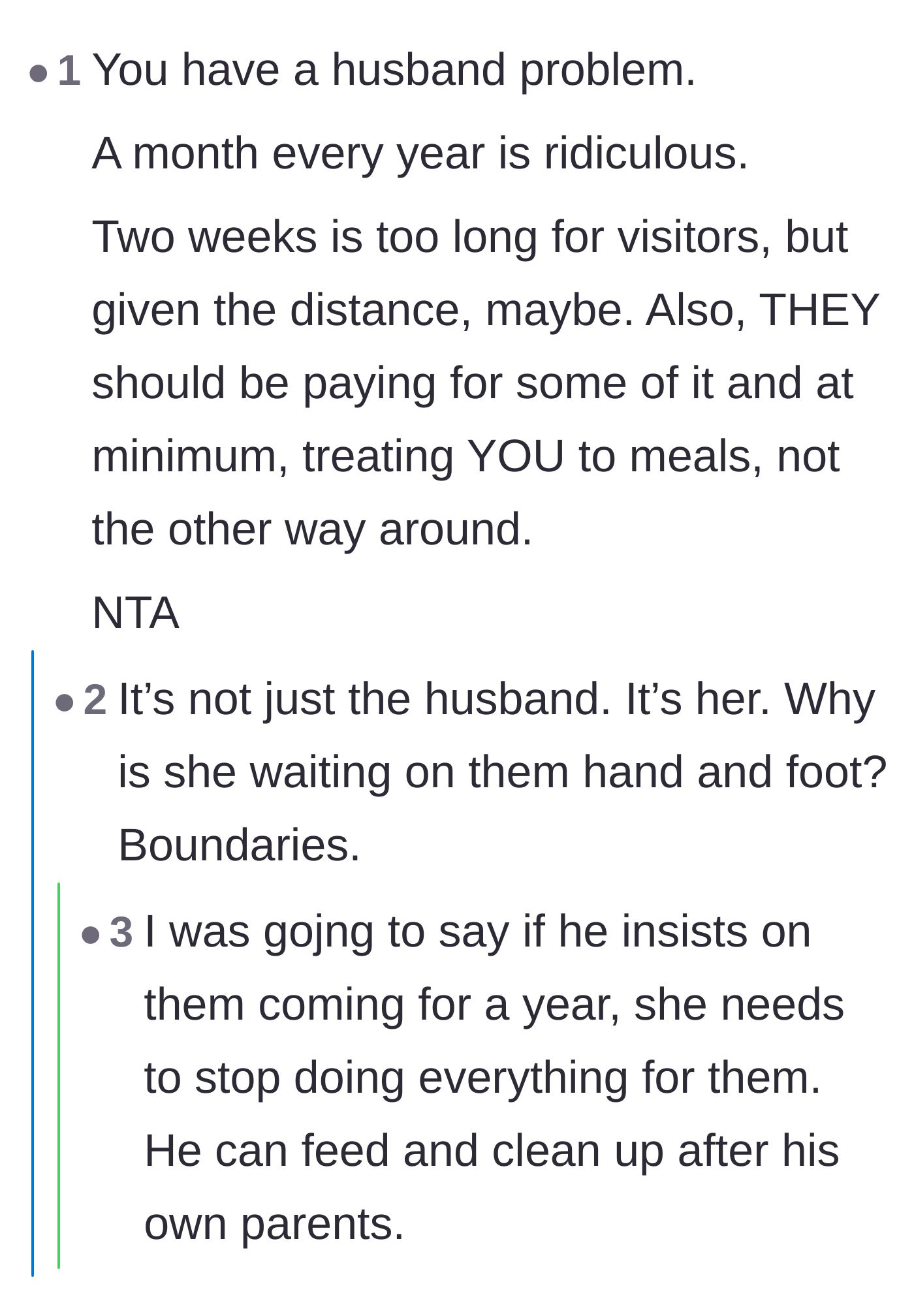 Comment thread 5 - A tough-love conversation about the necessity of establishing firm boundaries and refusing to play the martyr.