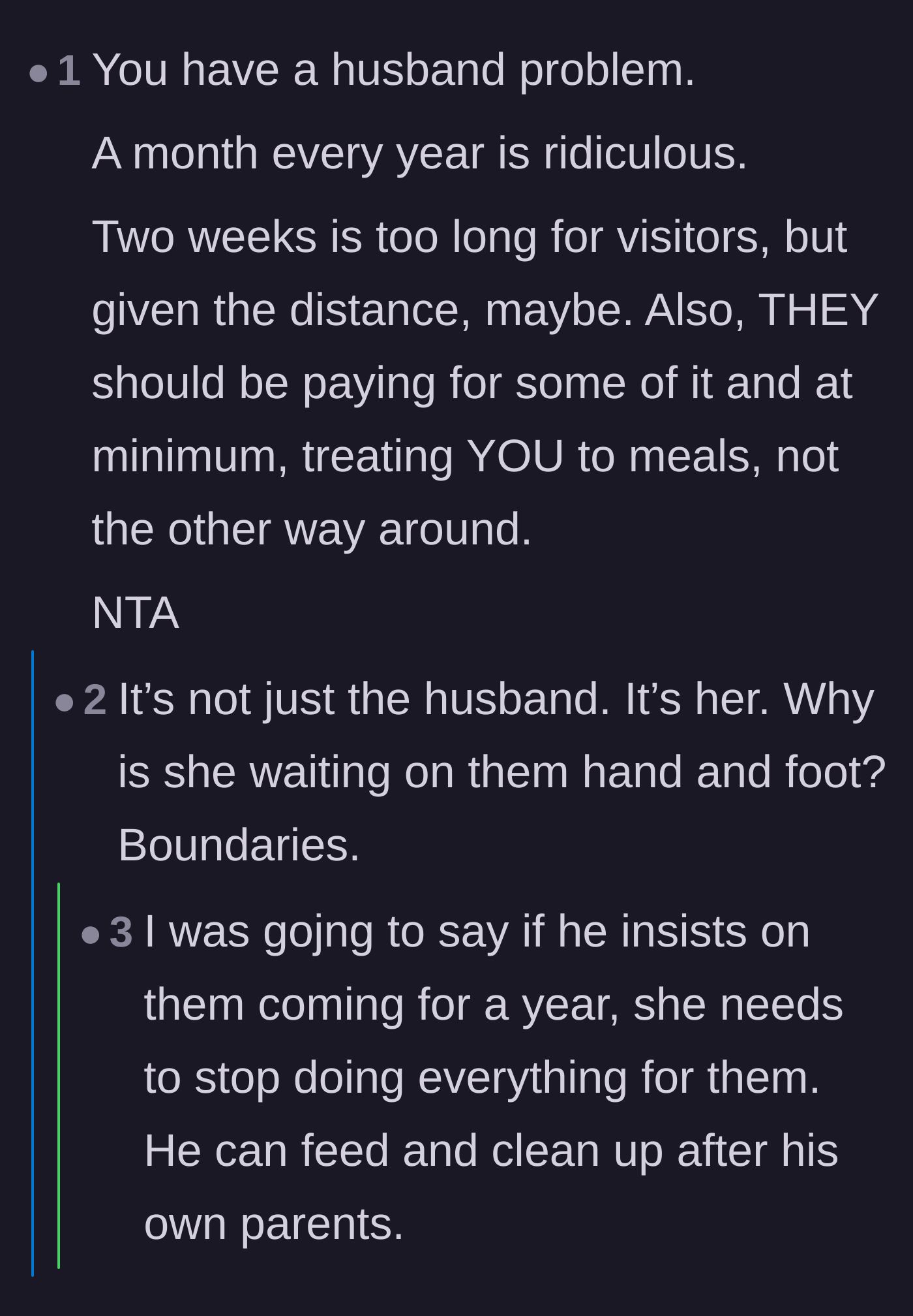 Comment thread 5 - A tough-love conversation about the necessity of establishing firm boundaries and refusing to play the martyr.