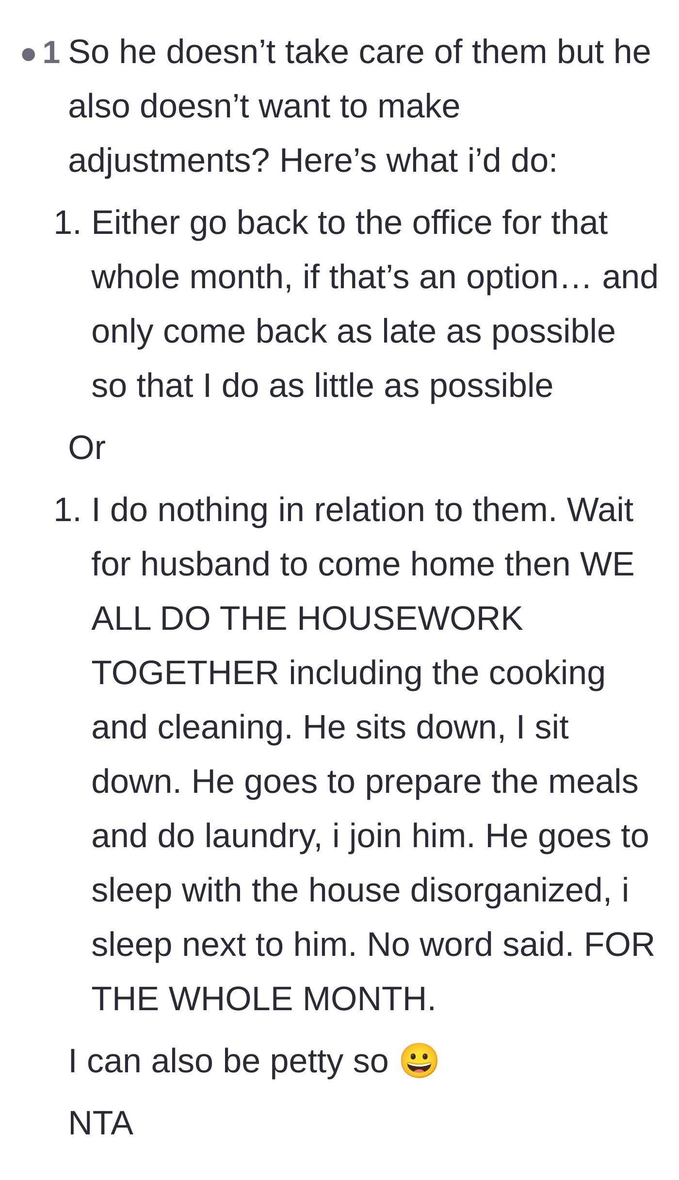 Comment thread 6 - Strategic suggestions for mirroring the husband's effort levels to force a shift in the household power dynamic.