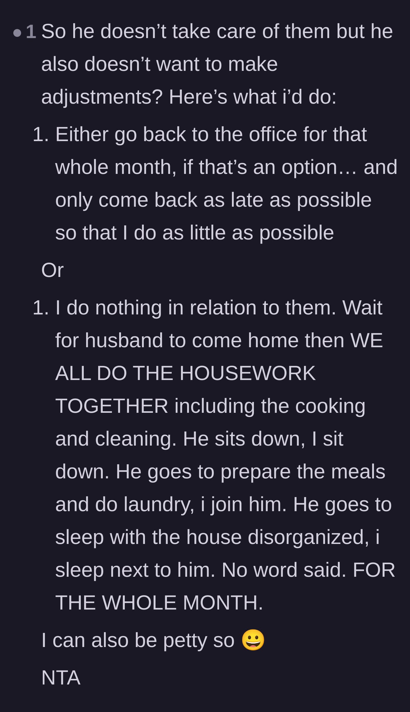 Comment thread 6 - Strategic suggestions for mirroring the husband's effort levels to force a shift in the household power dynamic.