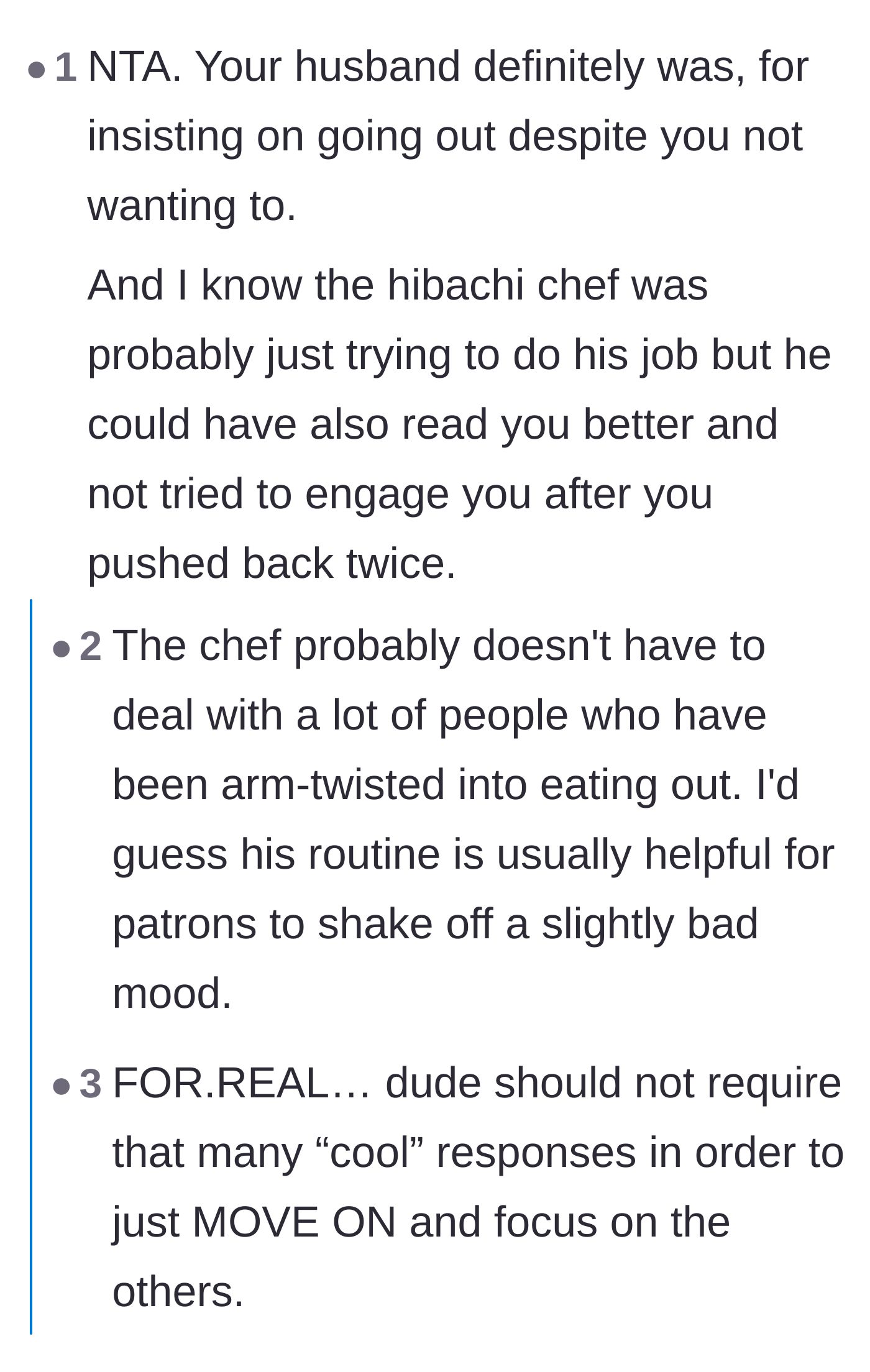 Comment thread 1 - Readers criticizing the husband for choosing a highly interactive restaurant and the chef's inability to read the room.