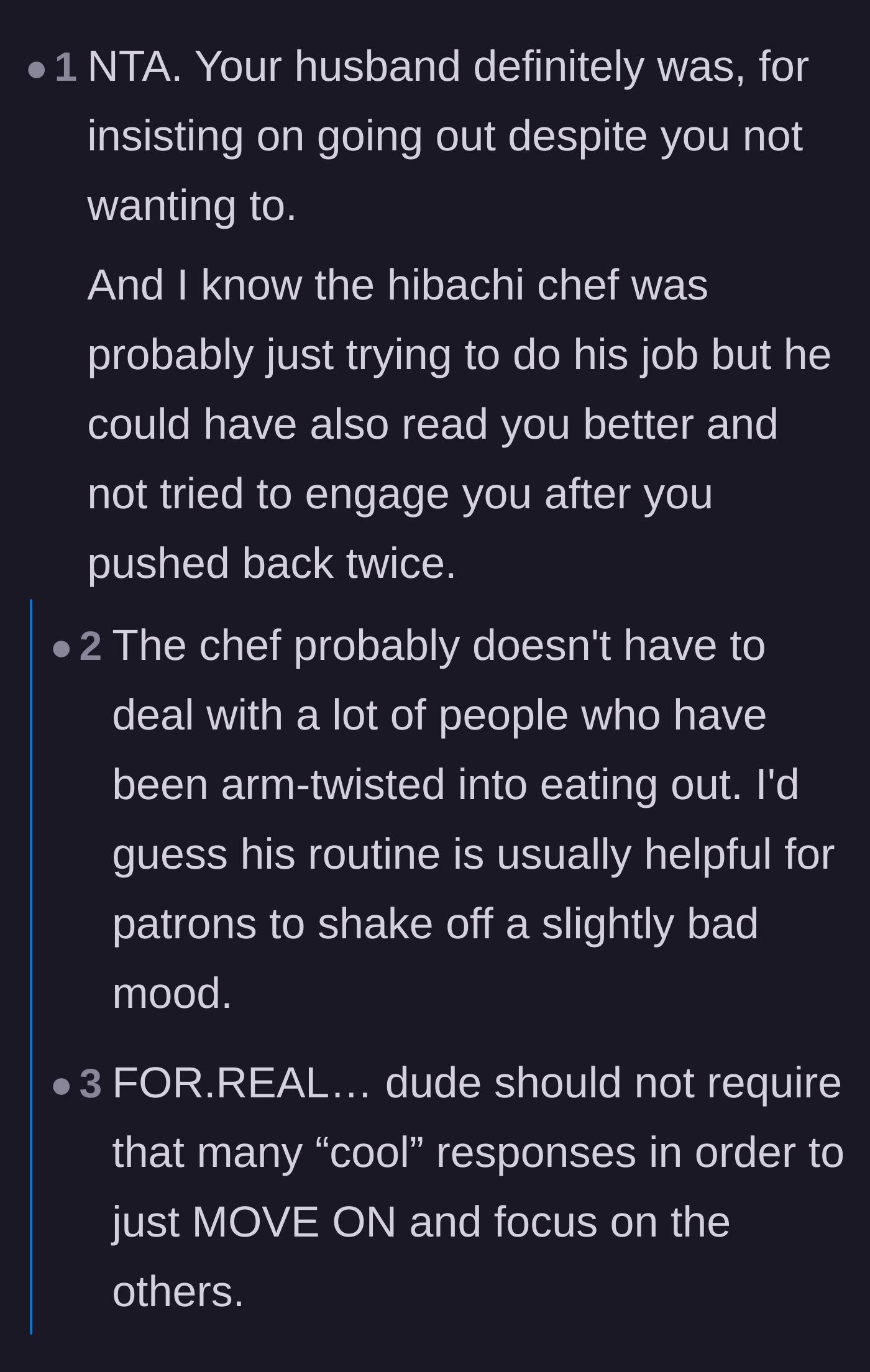 Comment thread 1 - Readers criticizing the husband for choosing a highly interactive restaurant and the chef's inability to read the room.