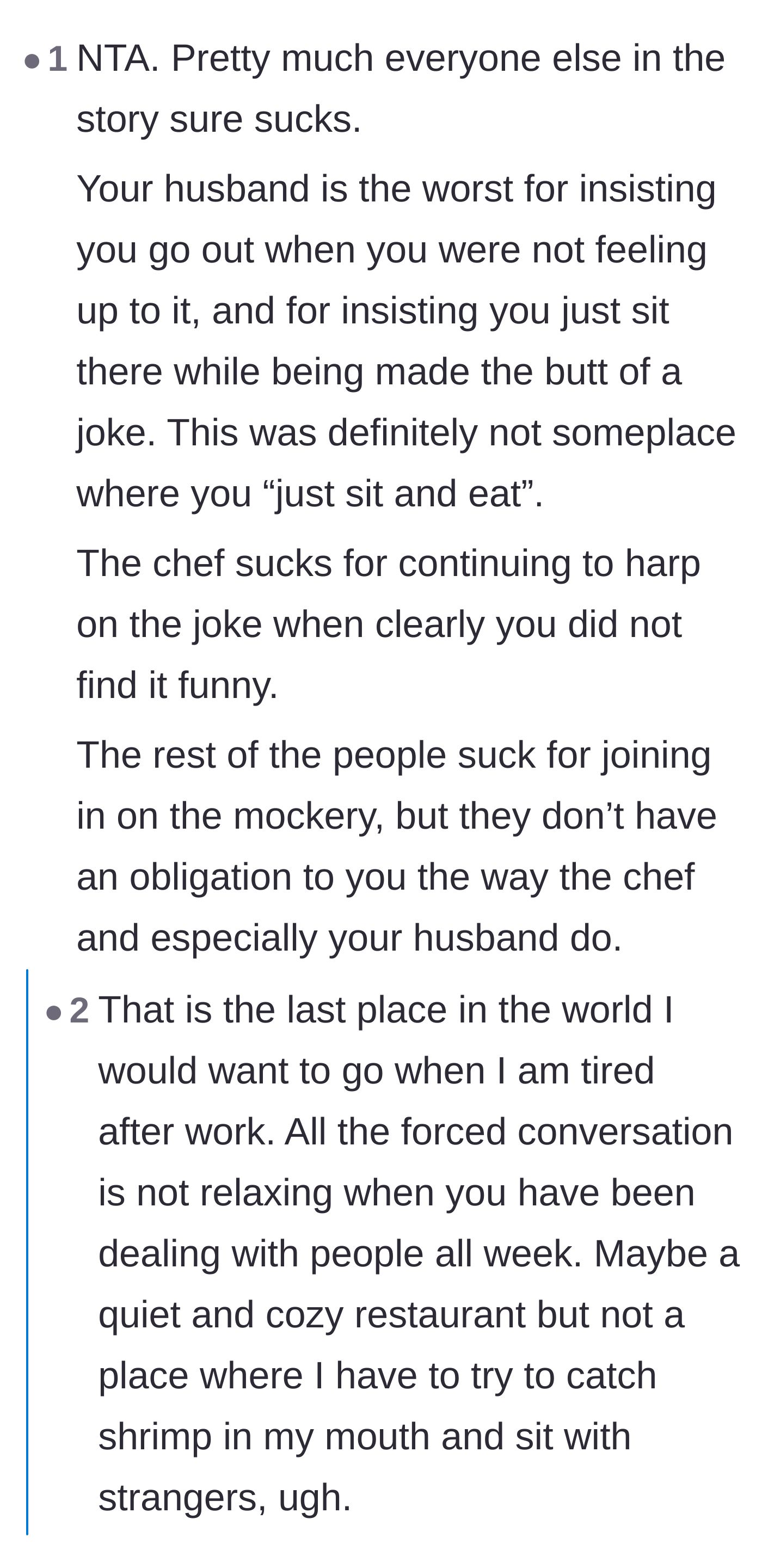 Comment thread 2 - A breakdown of why everyone at the table except the wife was in the wrong, emphasizing how awful hibachi is for tired people.
