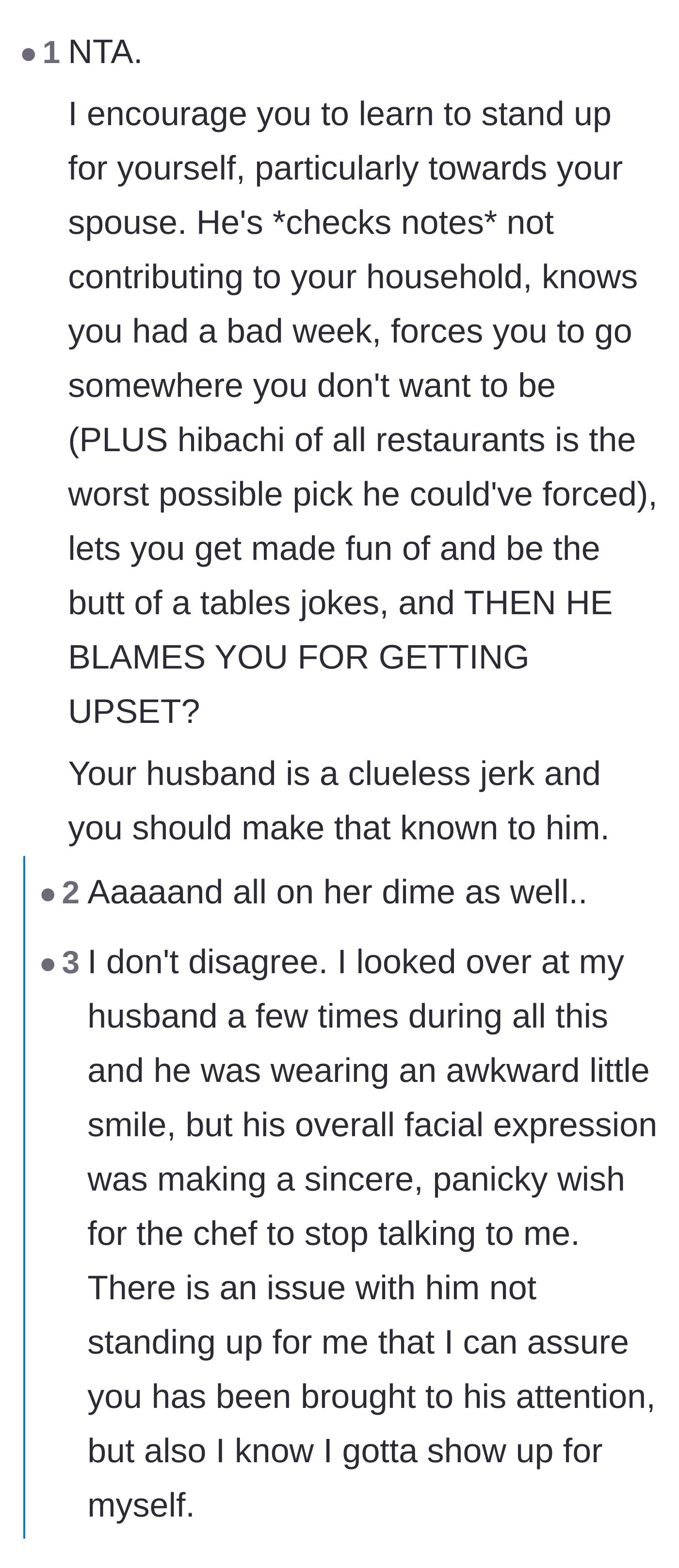 Comment thread 4 - Advice urging the wife to set firm boundaries with her husband, including a reply from the original poster confirming his panicked inaction.