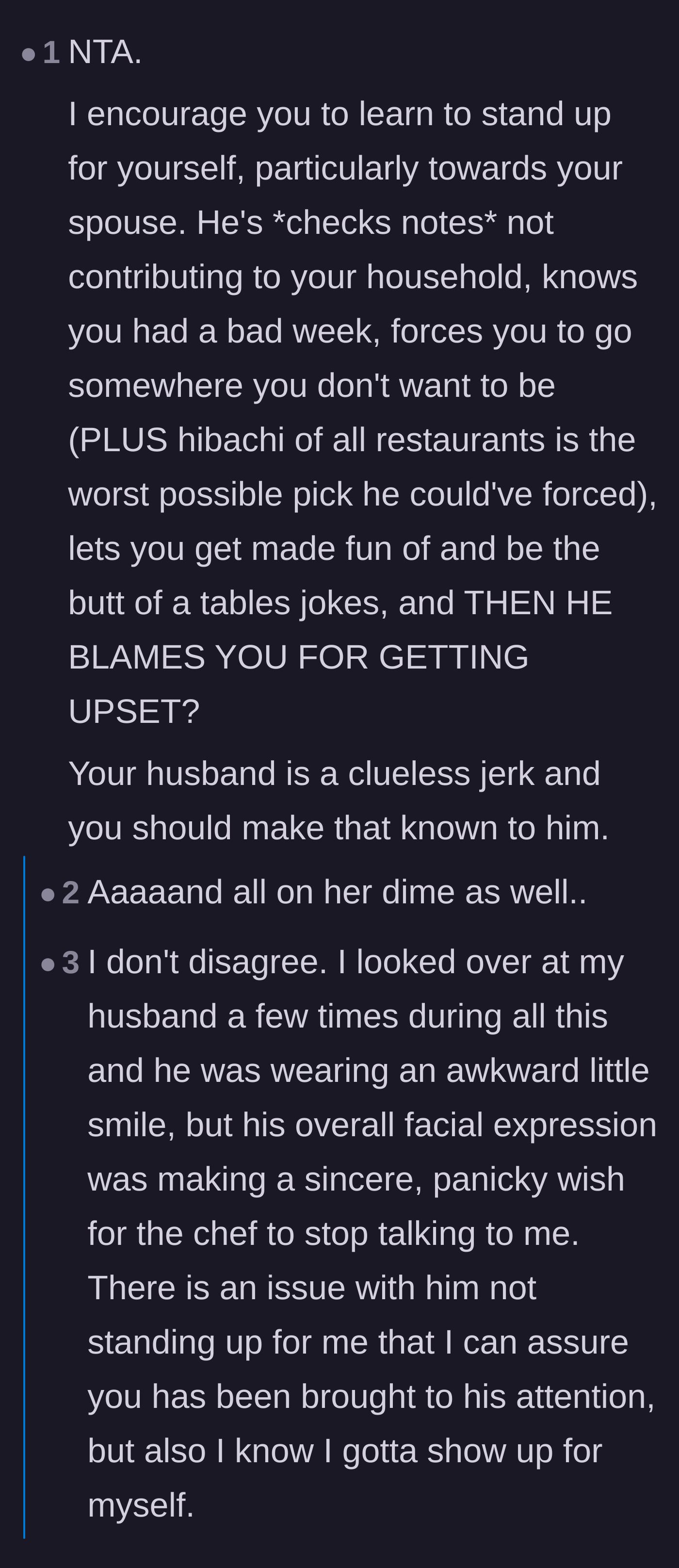 Comment thread 4 - Advice urging the wife to set firm boundaries with her husband, including a reply from the original poster confirming his panicked inaction.