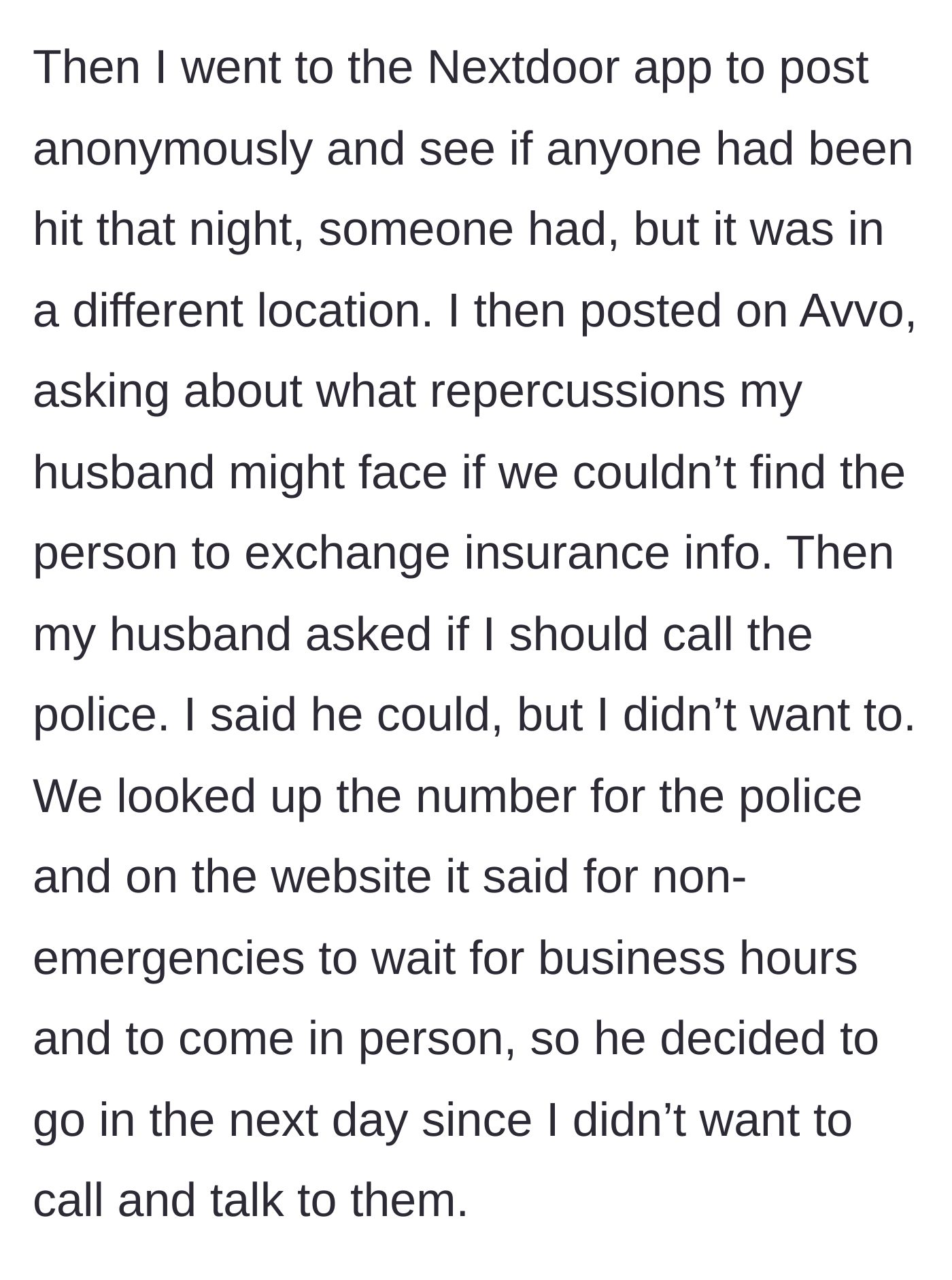 Story part 4 - Wife investigates online while the husband avoids contacting the authorities.