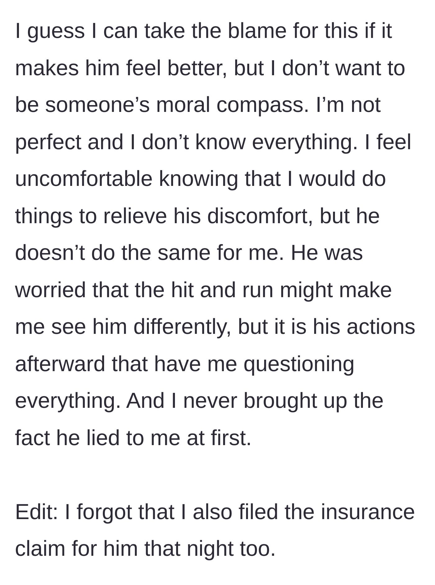 Story part 7 - Wife realizes she has become his moral compass and begins questioning the marriage.