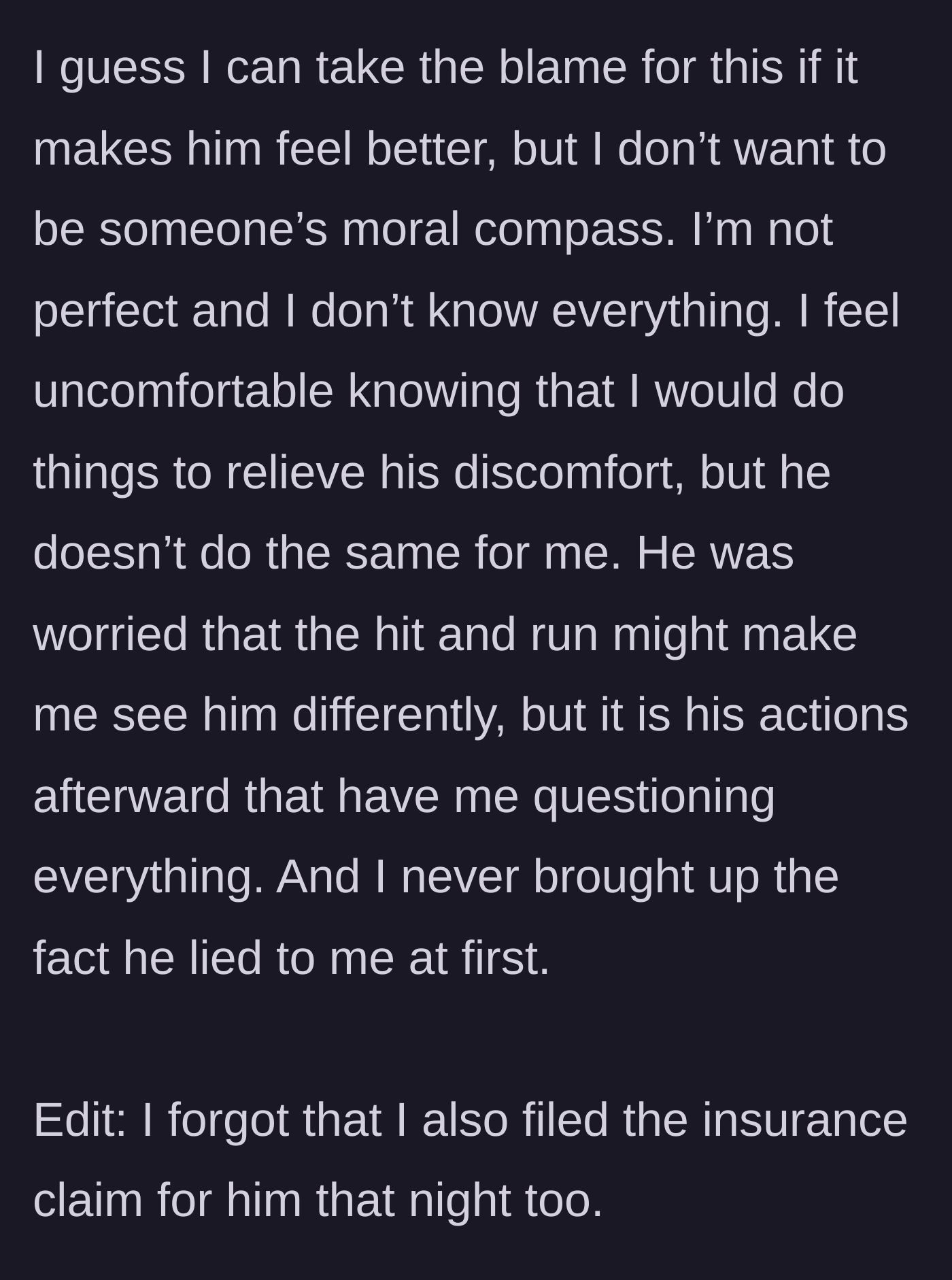 Story part 7 - Wife realizes she has become his moral compass and begins questioning the marriage.