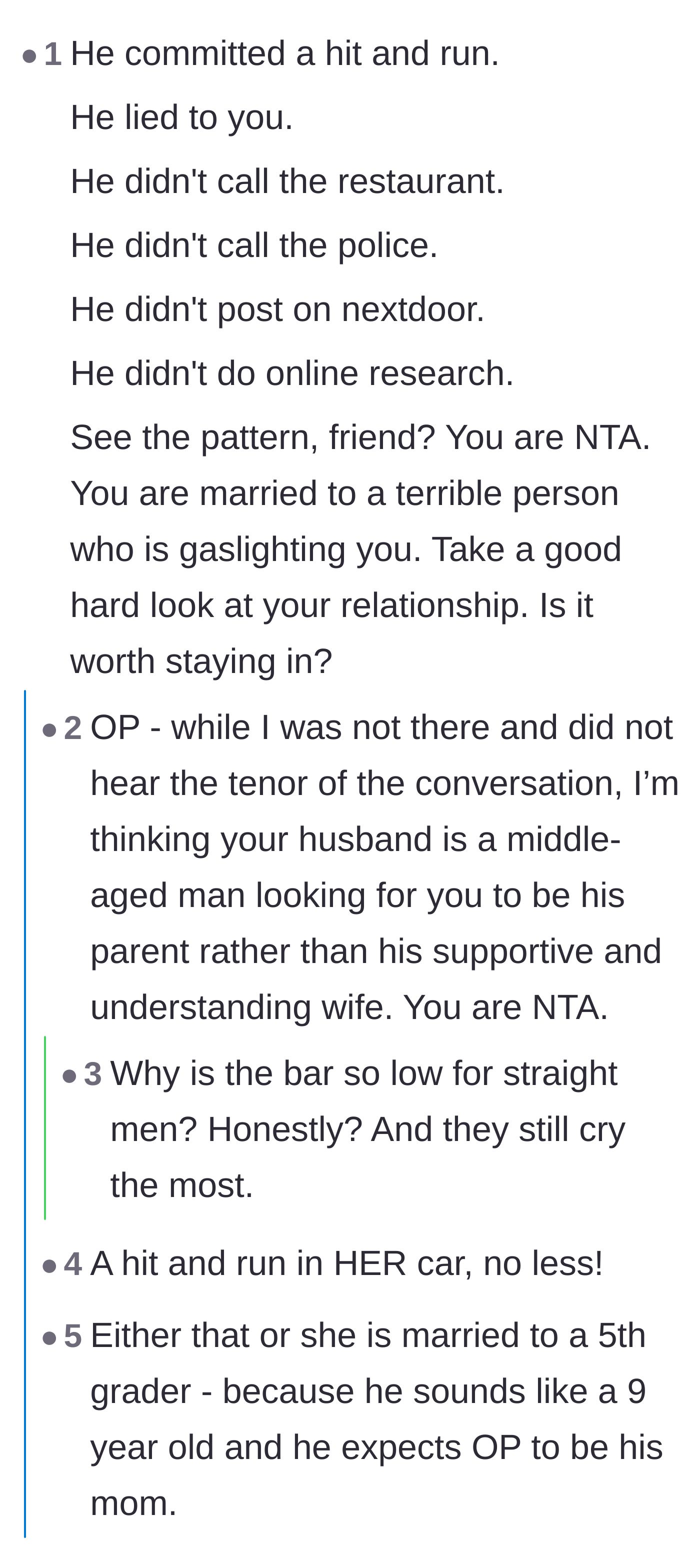 Comment thread 2 - A bulleted list highlighting everything the husband failed to do while the wife did all the heavy lifting.