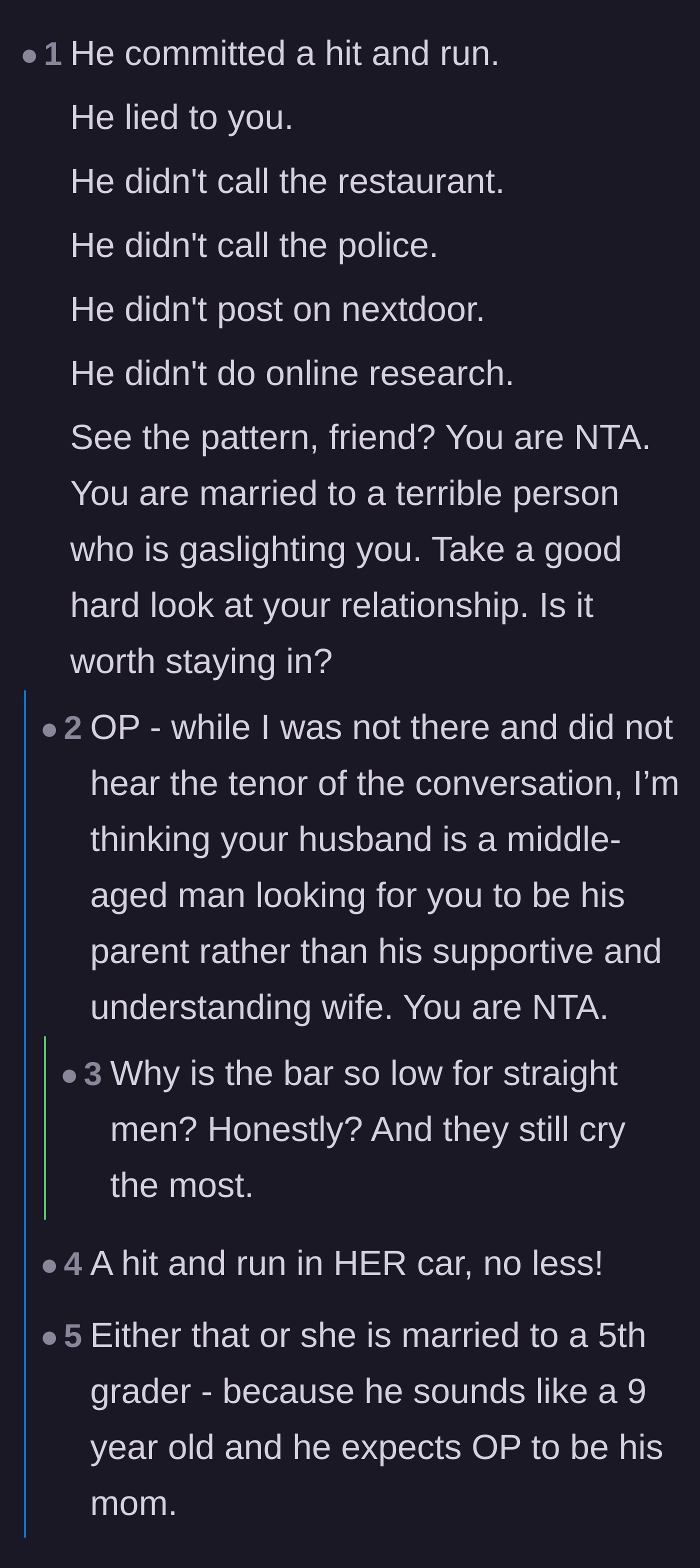 Comment thread 2 - A bulleted list highlighting everything the husband failed to do while the wife did all the heavy lifting.