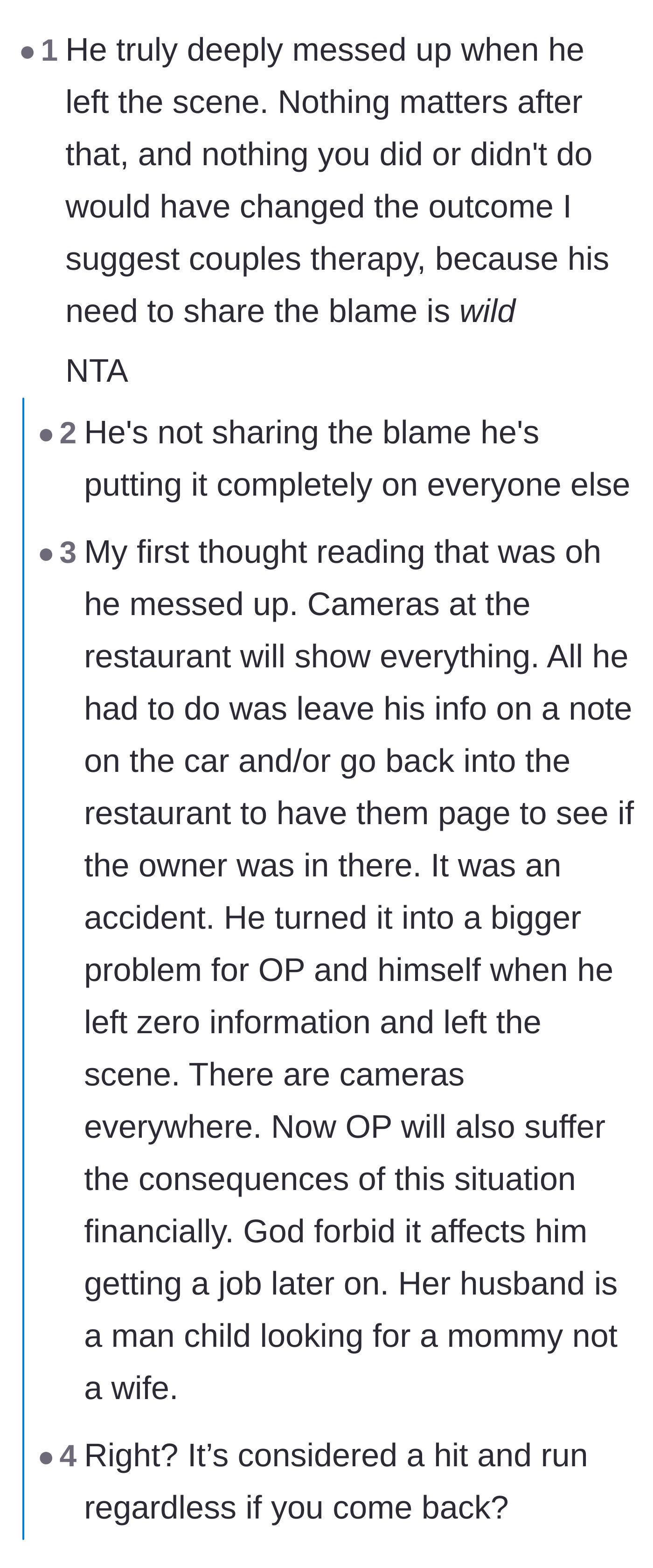 Comment thread 3 - Commenters discuss how the husband's initial choice to leave the scene was the definitive point of no return.