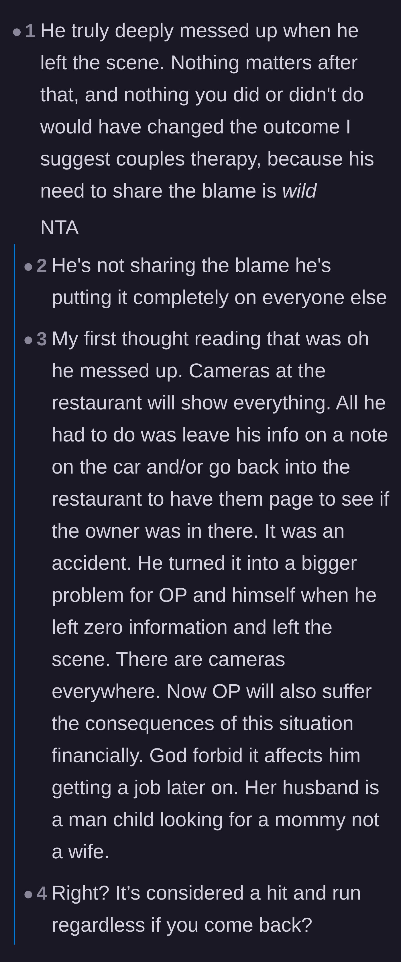 Comment thread 3 - Commenters discuss how the husband's initial choice to leave the scene was the definitive point of no return.