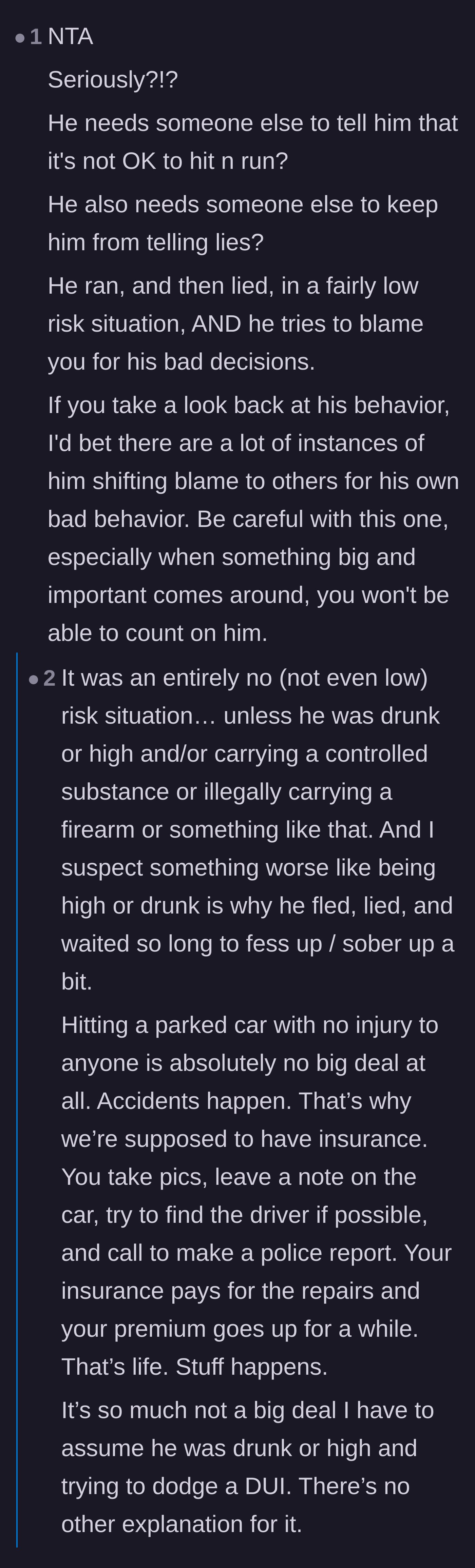 Comment thread 4 - Speculation that the husband fled the low-risk scene because he might have been driving under the influence.