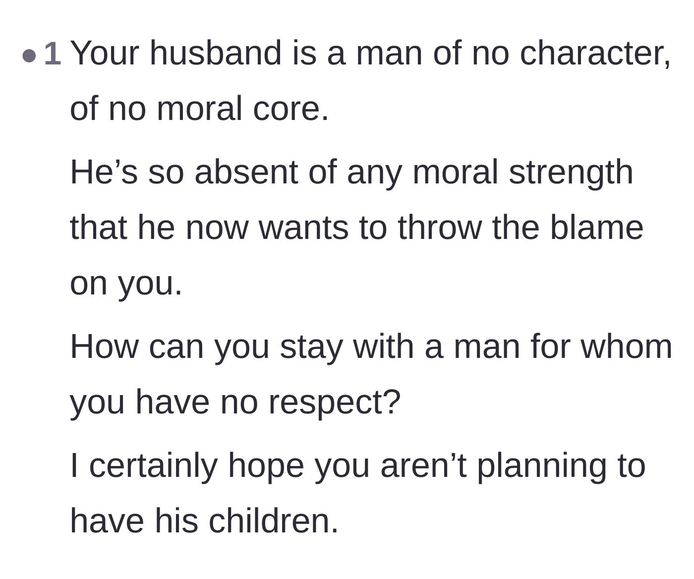 Comment thread 5 - A blunt assessment questioning the husband's moral character and advising the wife against having children with him.
