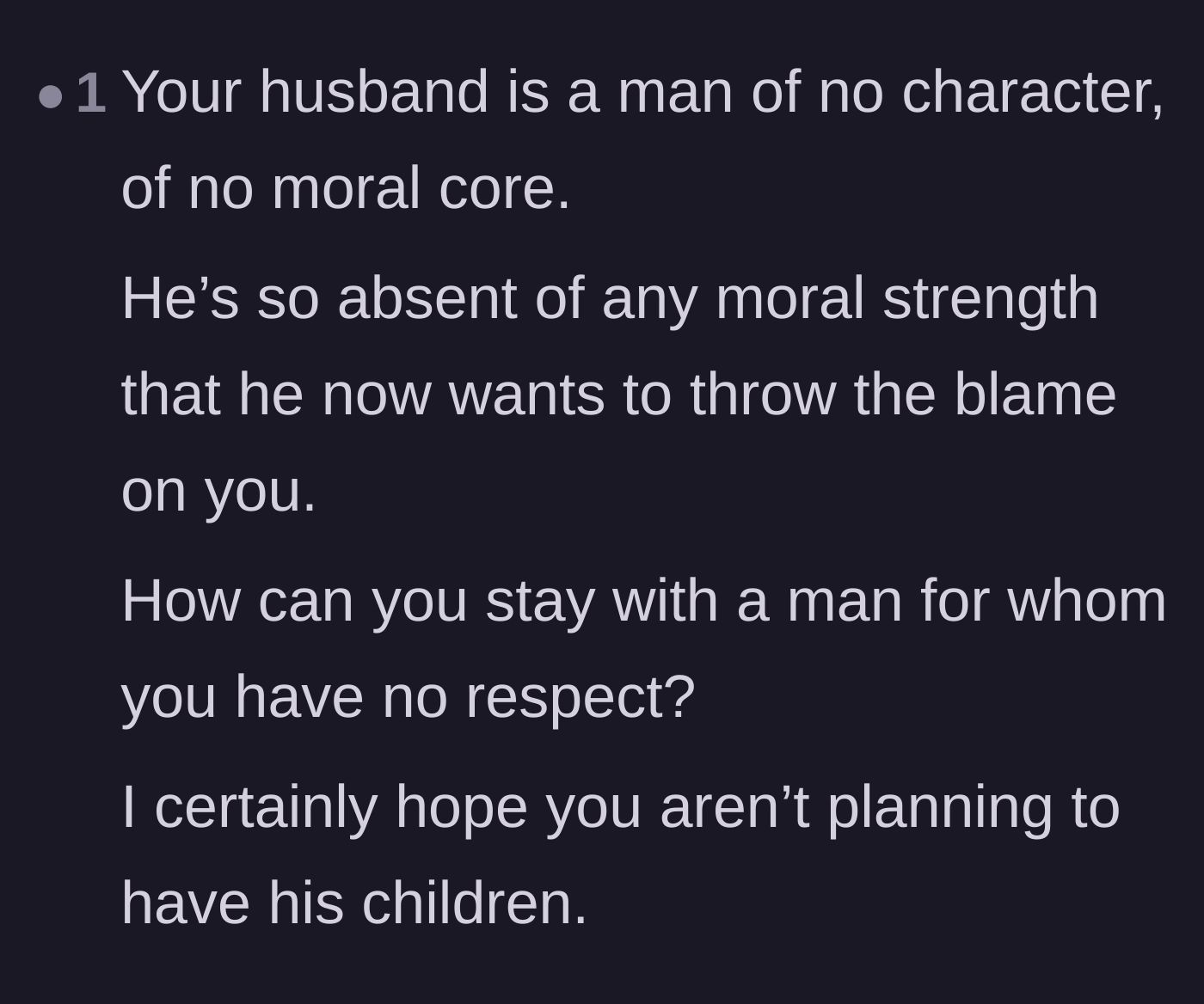Comment thread 5 - A blunt assessment questioning the husband's moral character and advising the wife against having children with him.
