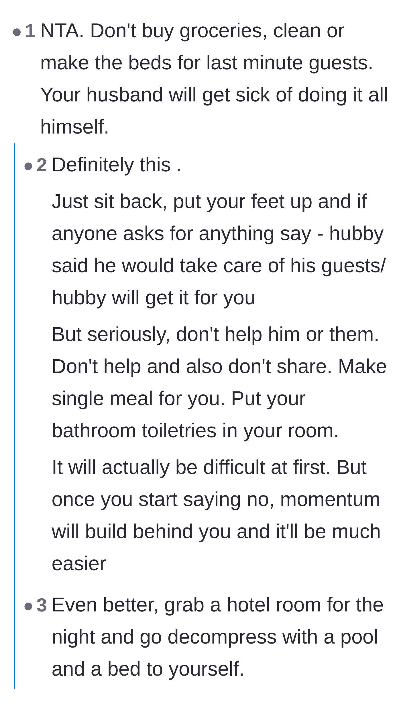 Comment thread 1 - Advice urging the wife to stop helping, leave the preparations entirely to her husband, or just check into a hotel.