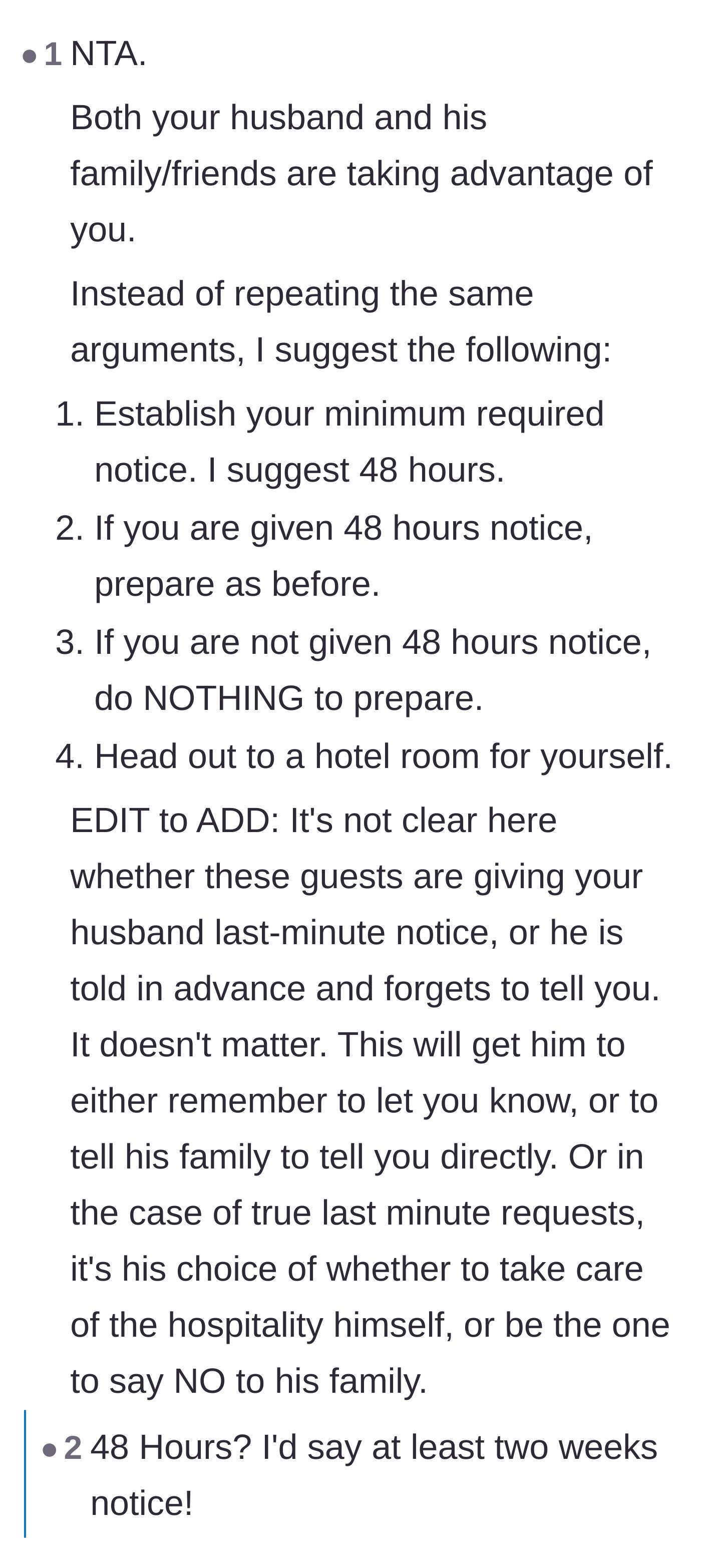 Comment thread 2 - A strategy to establish a strict 48-hour notice rule and physically leave the house if it's not respected.