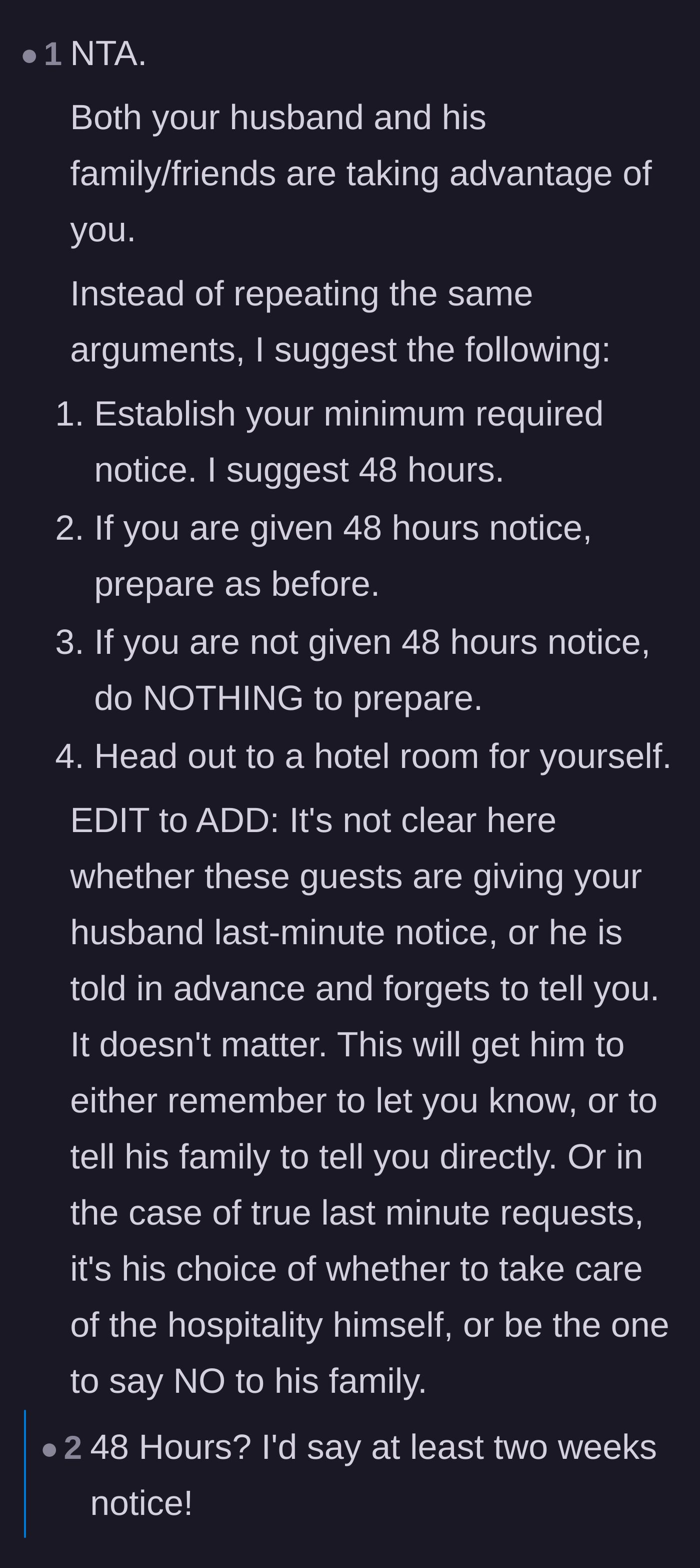 Comment thread 2 - A strategy to establish a strict 48-hour notice rule and physically leave the house if it's not respected.