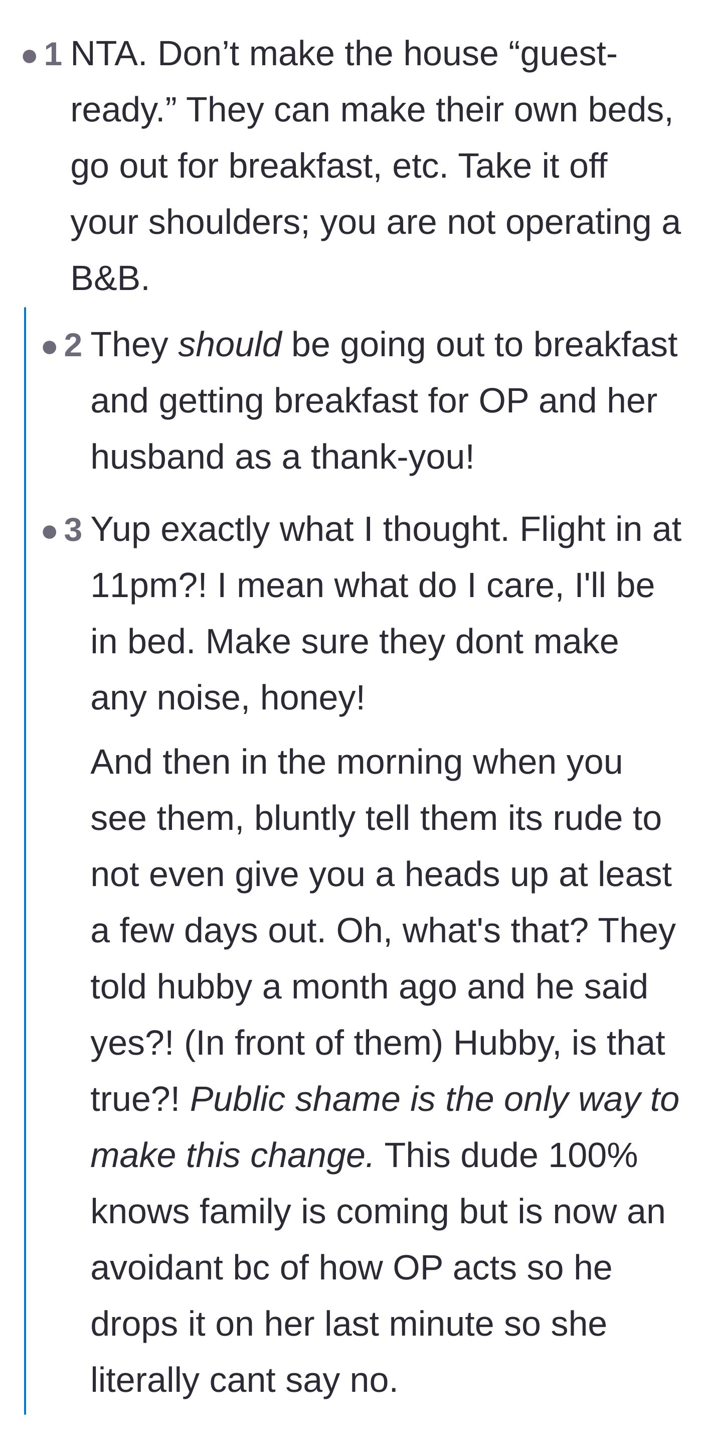 Comment thread 3 - Suggestion to stop operating a B&B and publicly call out the husband's timeline in front of the guests.