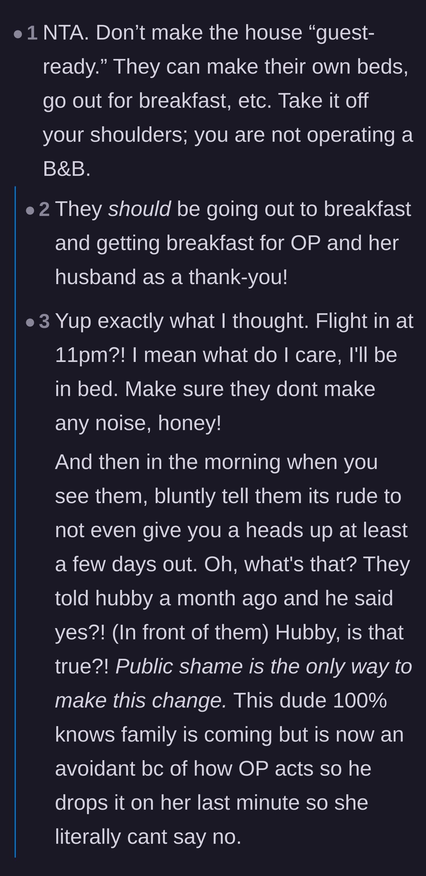 Comment thread 3 - Suggestion to stop operating a B&B and publicly call out the husband's timeline in front of the guests.