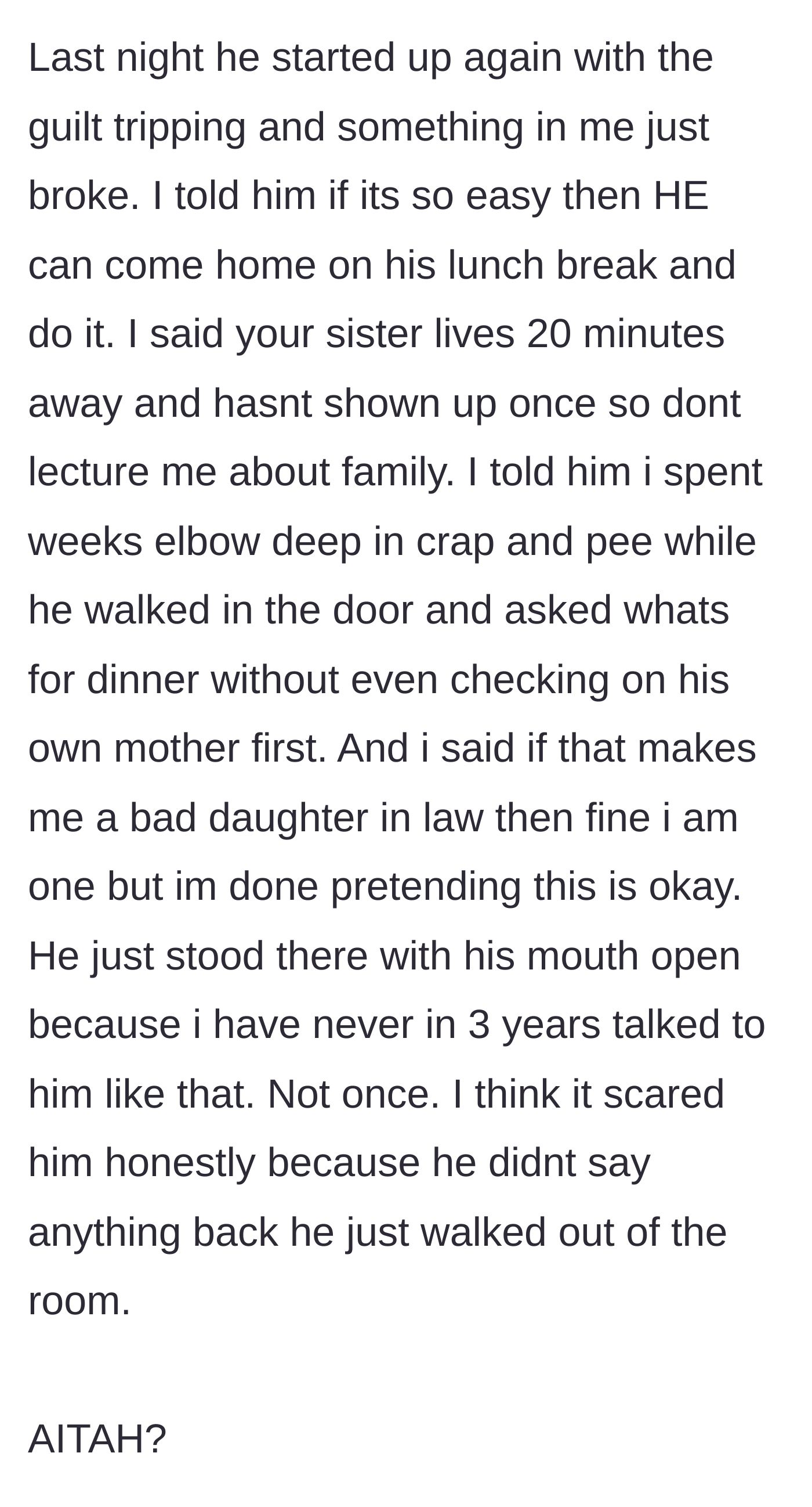Story part 5 - The wife finally snaps, calling out her husband's hypocrisy and his sister's absence, leaving him completely speechless.