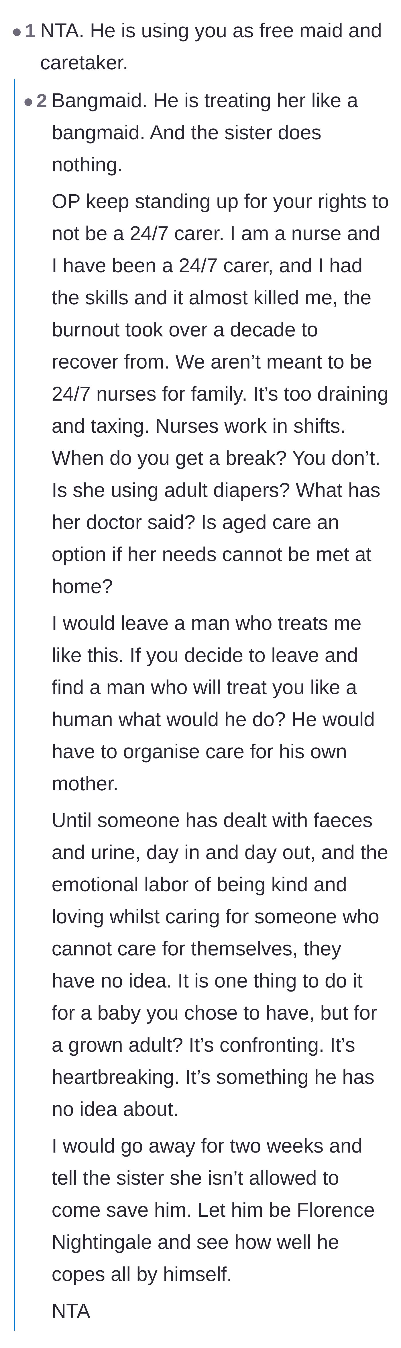 Comment thread 2 - A registered nurse validating the severe burnout of 24/7 caregiving and suggesting the wife take a two-week strike.