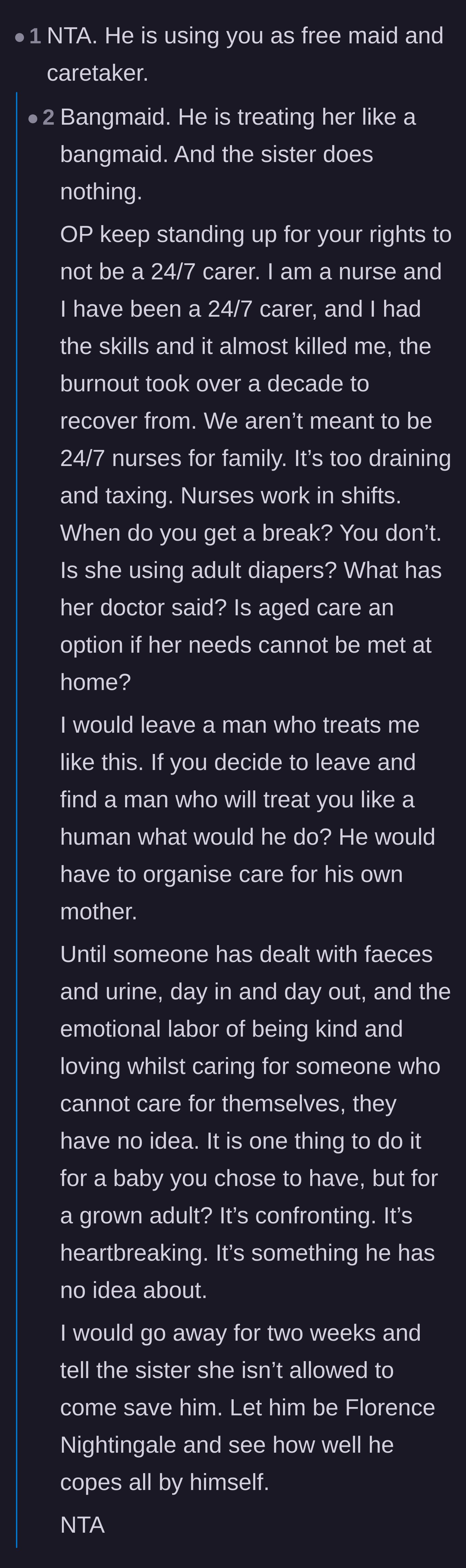 Comment thread 2 - A registered nurse validating the severe burnout of 24/7 caregiving and suggesting the wife take a two-week strike.