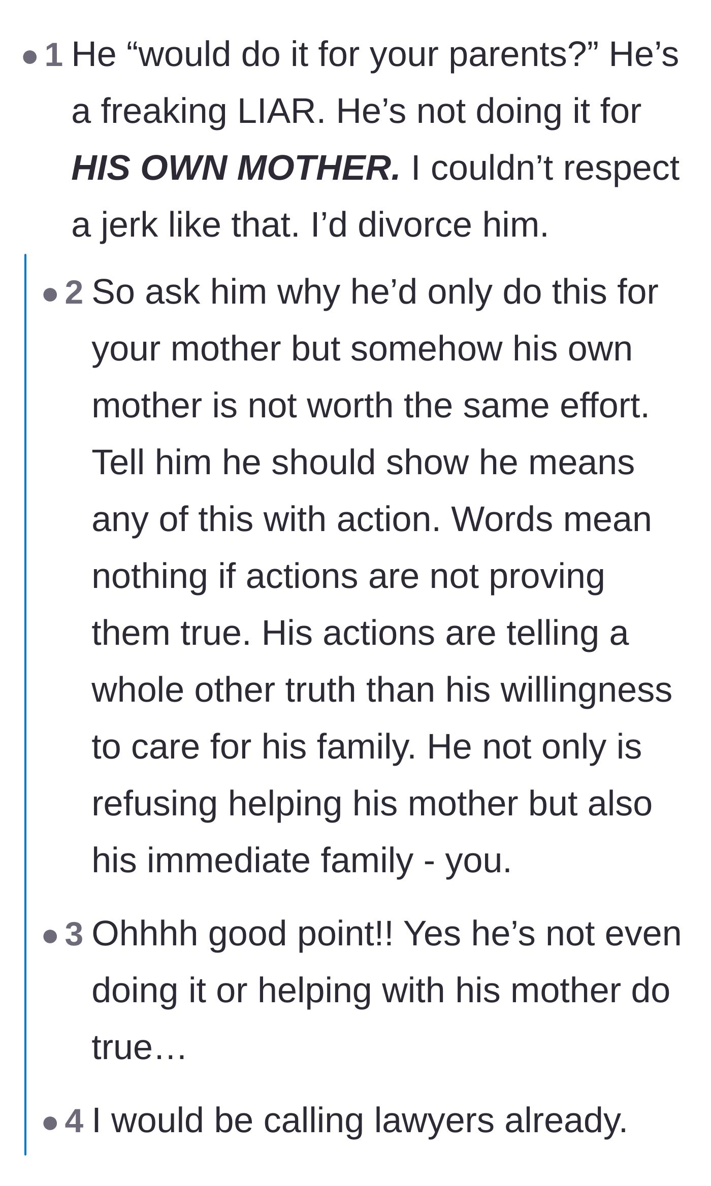 Comment thread 3 - Commenters advising the wife to seek a divorce over her husband's blatant lies and lack of respect.