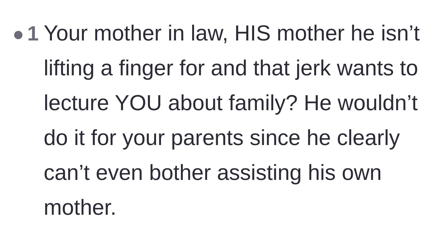 Comment thread 6 - A reader expressing outrage at the husband lecturing his wife about family while ignoring his own mother's needs.