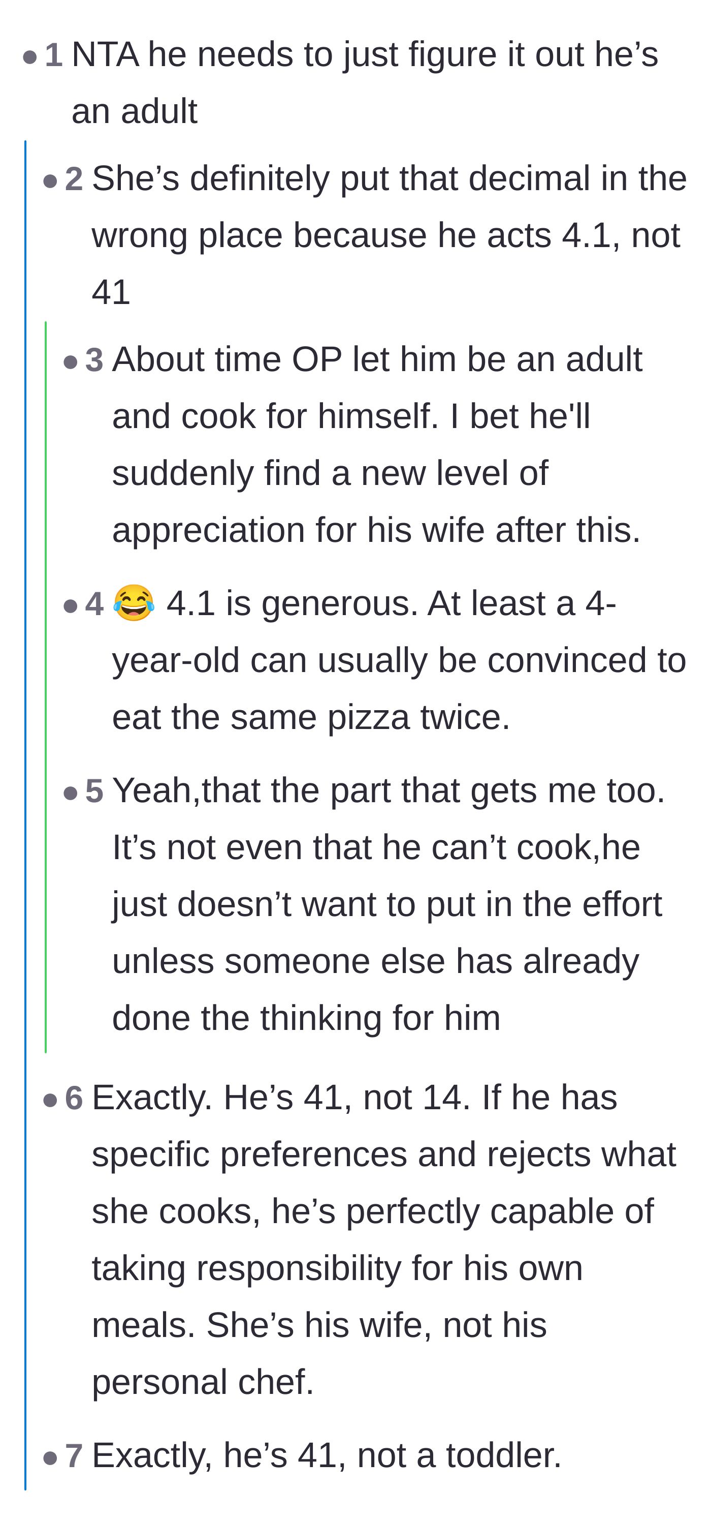 Comment thread 1 - Readers compare the husband's food demands to the behavior of a defiant toddler.