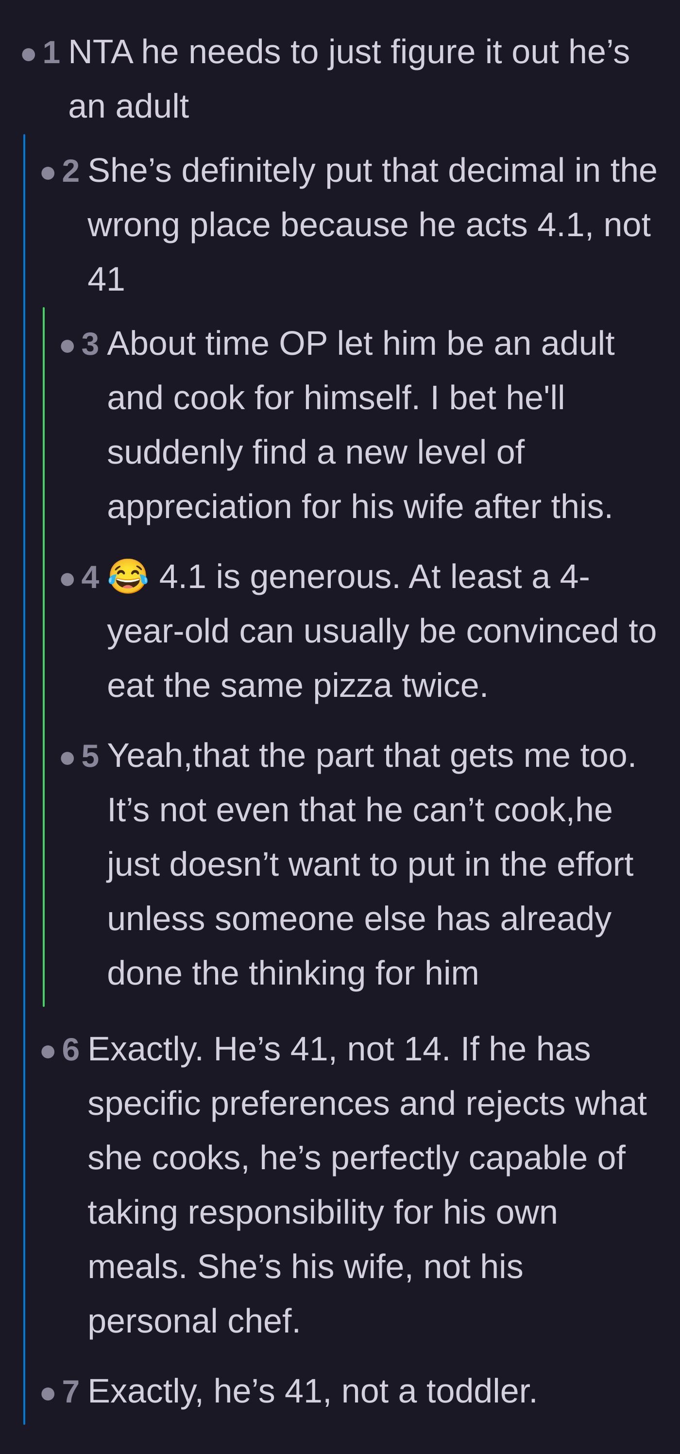 Comment thread 1 - Readers compare the husband's food demands to the behavior of a defiant toddler.