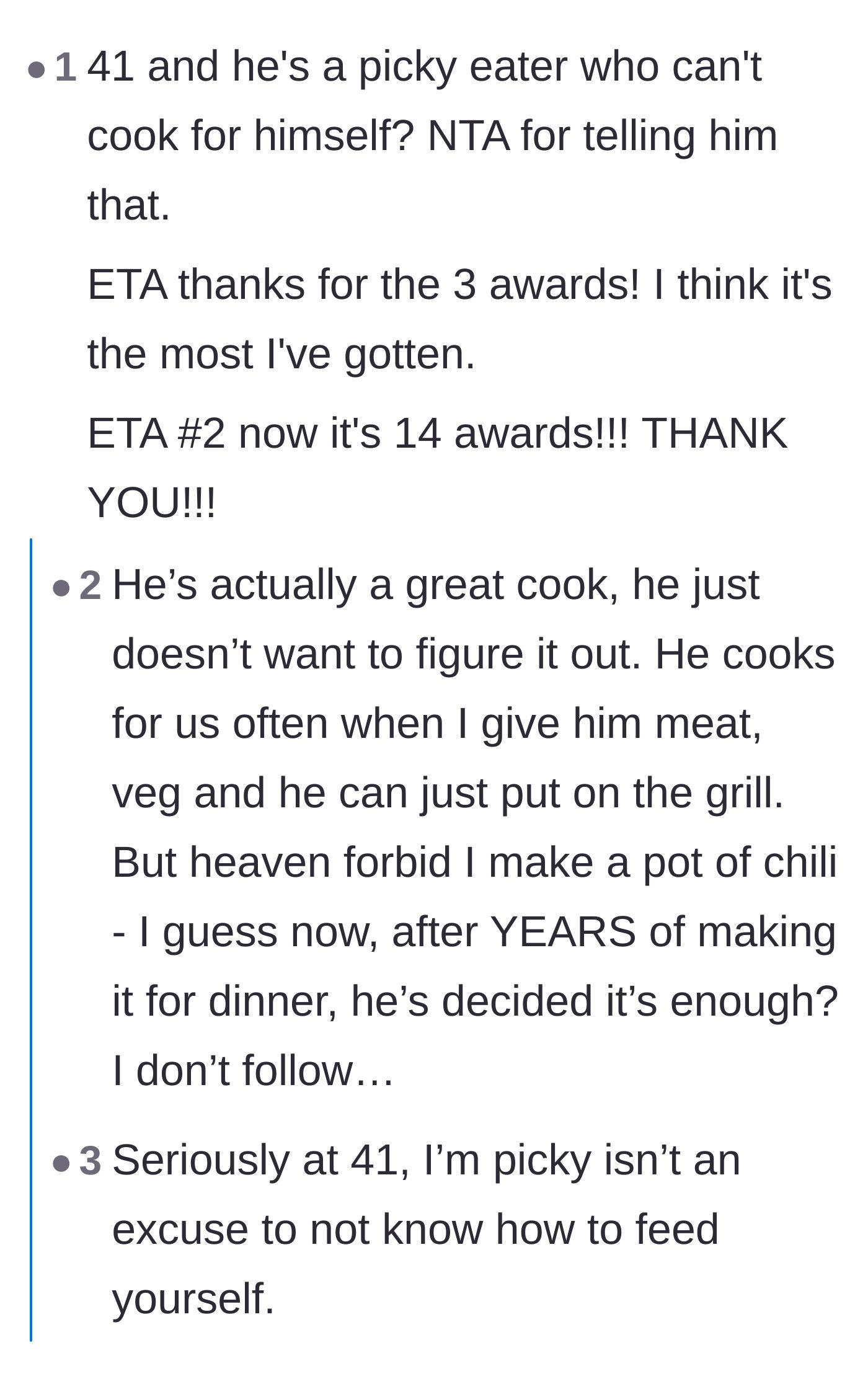 Comment thread 2 - Debate over the husband's ability to grill meat while claiming he cannot cook everyday dinners.