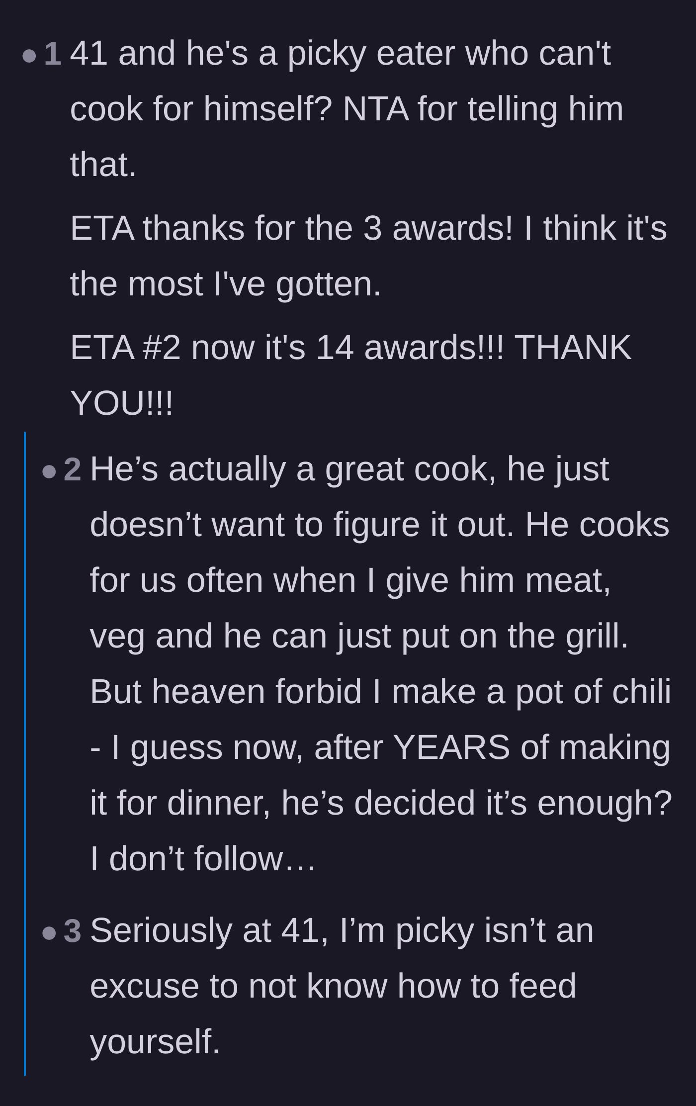 Comment thread 2 - Debate over the husband's ability to grill meat while claiming he cannot cook everyday dinners.