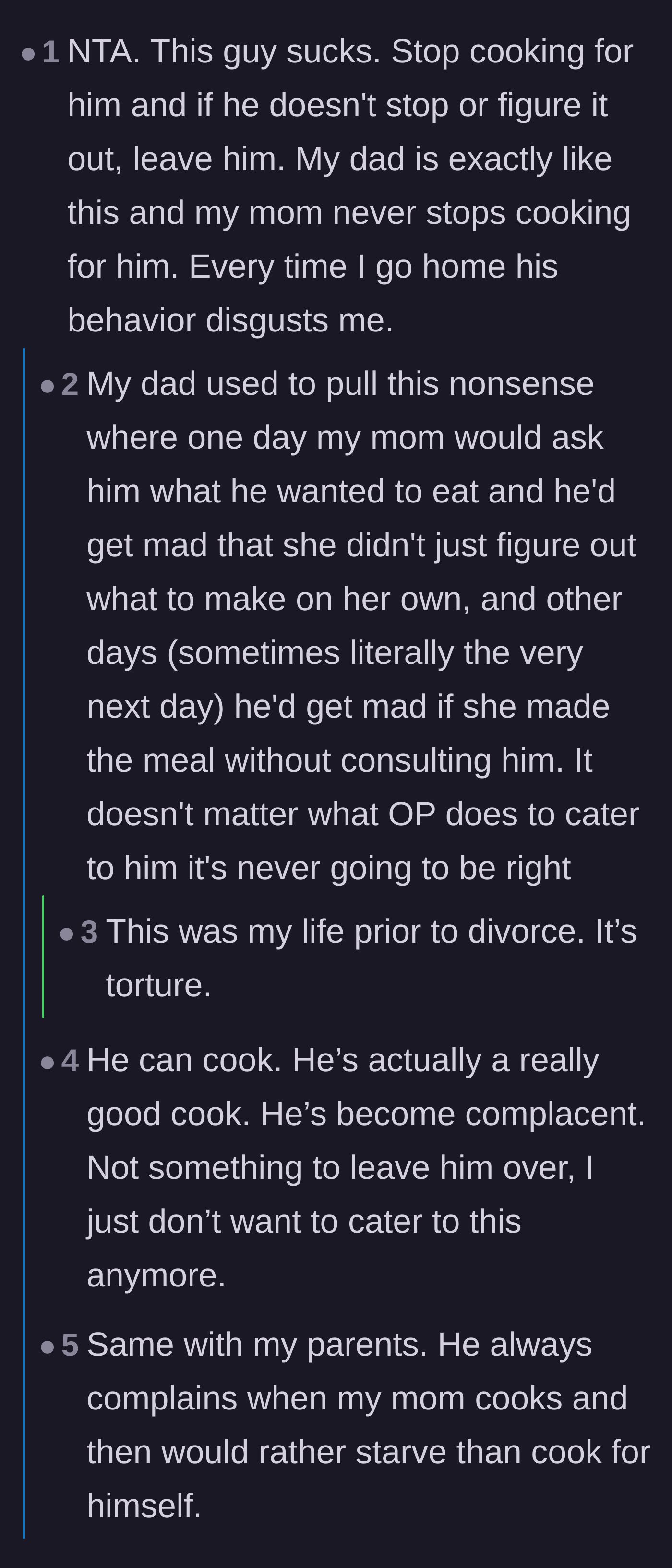 Comment thread 3 - Discussion on whether repeatedly refusing a spouse's cooking is a form of emotional control.