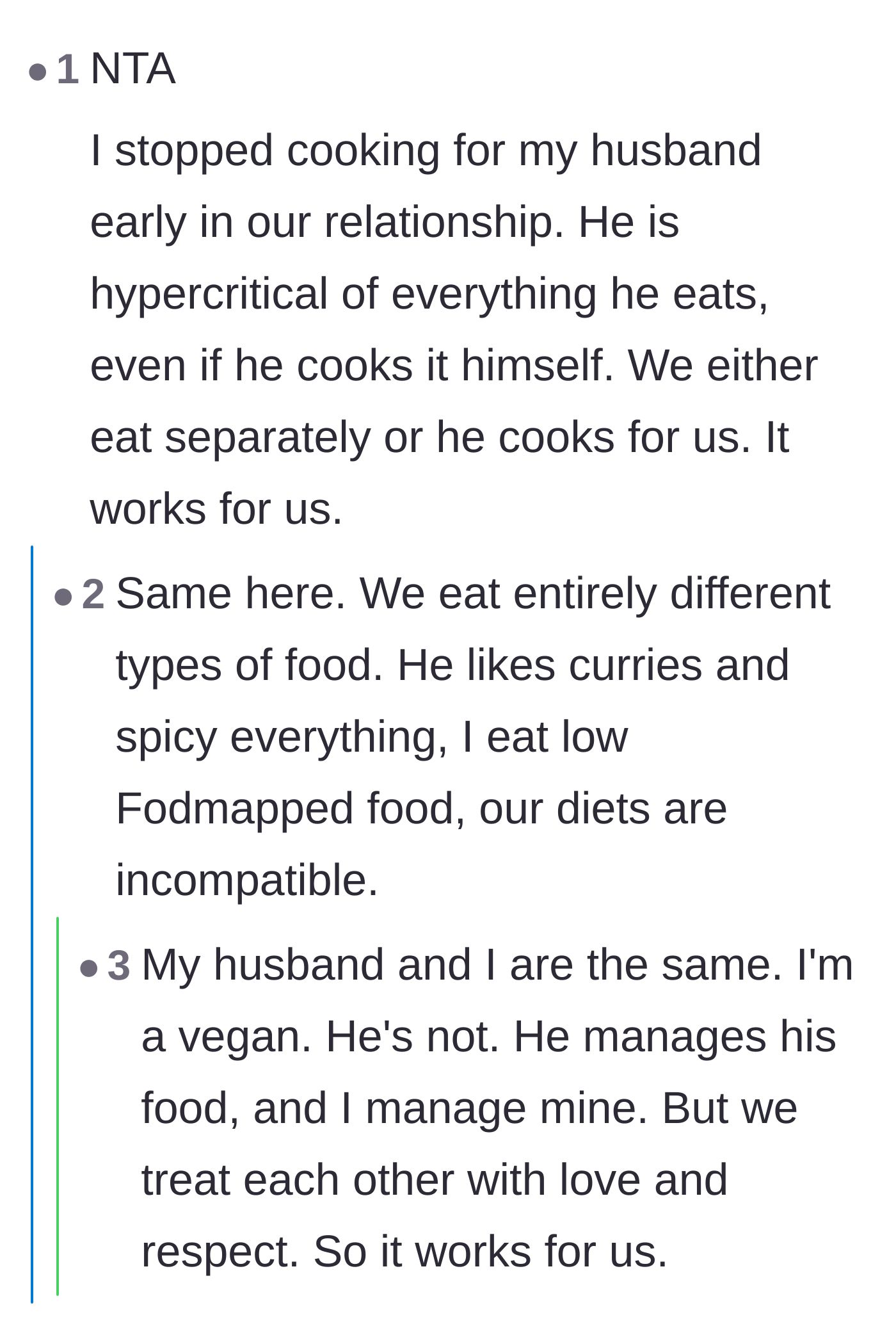 Comment thread 6 - Readers sharing successful marriage arrangements where partners manage their meals separately.