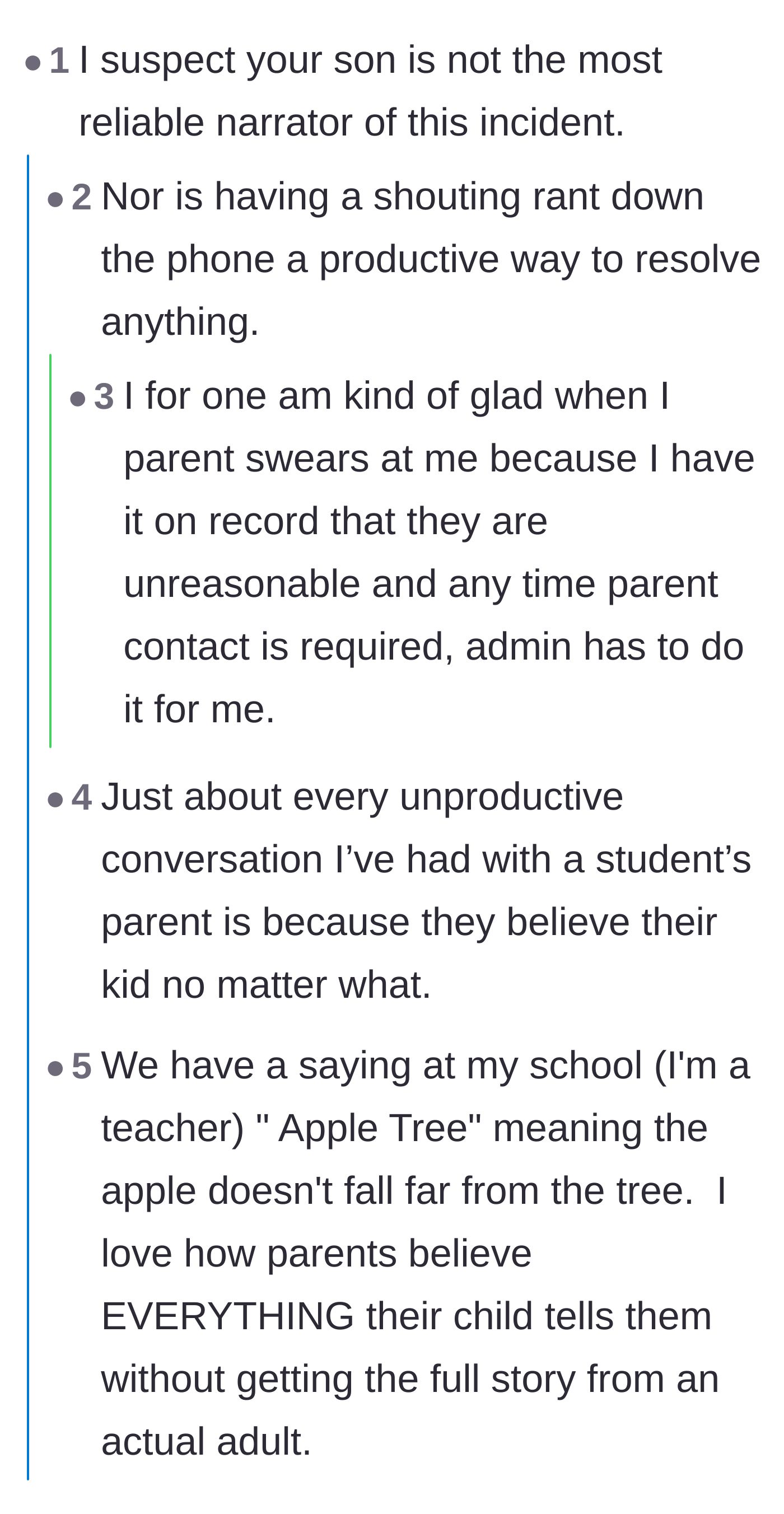 Comment thread 1 - A discussion about how children are unreliable narrators and how schools handle aggressive parents.