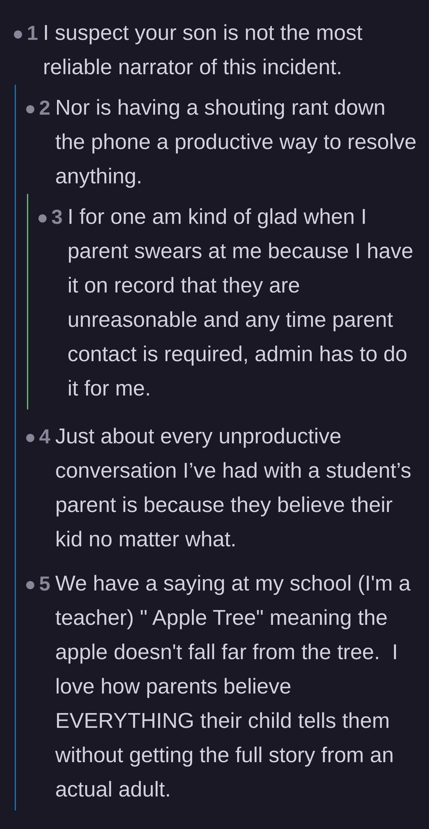 Comment thread 1 - A discussion about how children are unreliable narrators and how schools handle aggressive parents.